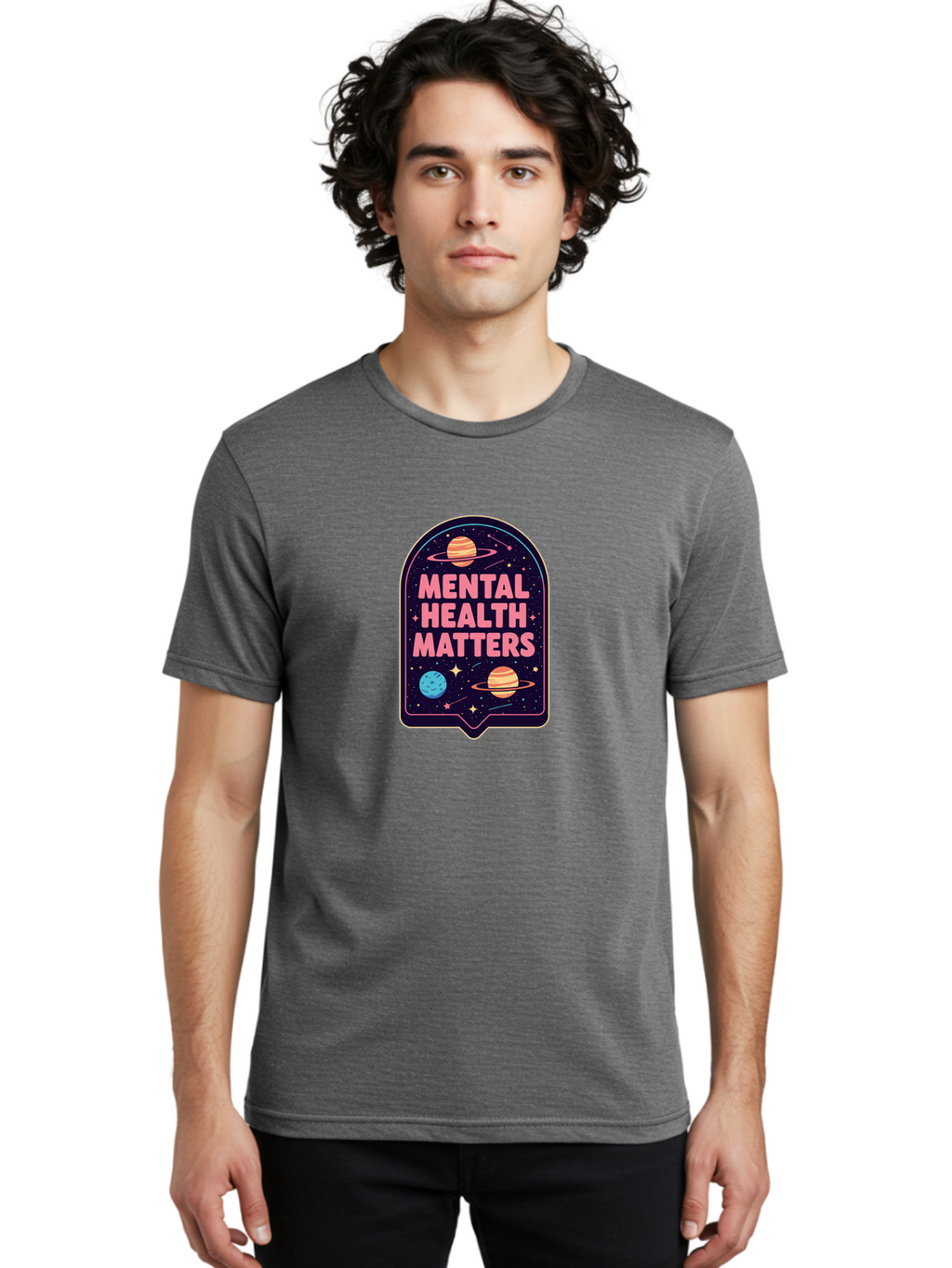 Mental-Health-Matters-4 Men'S Graphic Tee, 100% Cotton, Comfortable Casual Summer Wear, Machine Washable, Mental Health Awareness, Motivational Quote, Celestial Theme, Pink Text, Outer Space Design, Stars, Planets, Mental Wellness, Self Care, Bae069