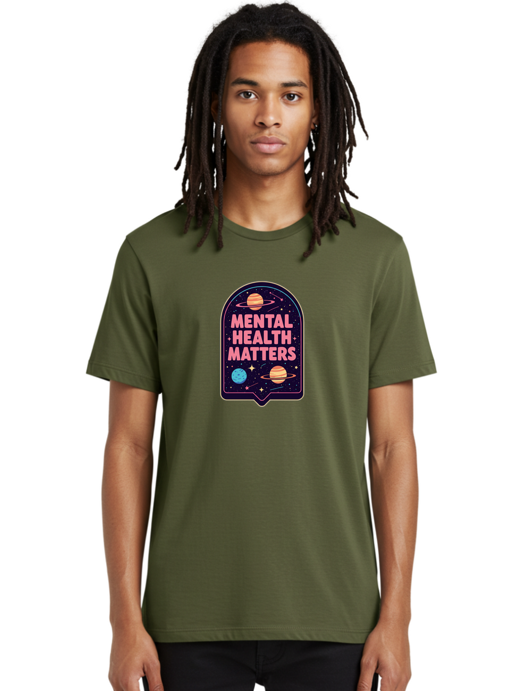 Mental-Health-Matters-4 Men'S Graphic Tee, 100% Cotton, Comfortable Casual Summer Wear, Machine Washable, Mental Health Awareness, Motivational Quote, Celestial Theme, Pink Text, Outer Space Design, Stars, Planets, Mental Wellness, Self Care, Bae069