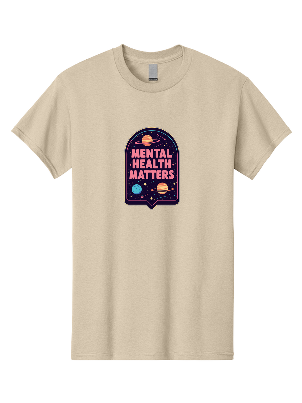 Mental-Health-Matters-4 Men'S Graphic Tee, 100% Cotton, Comfortable Casual Summer Wear, Machine Washable, Mental Health Awareness, Motivational Quote, Celestial Theme, Pink Text, Outer Space Design, Stars, Planets, Mental Wellness, Self Care, Bae069