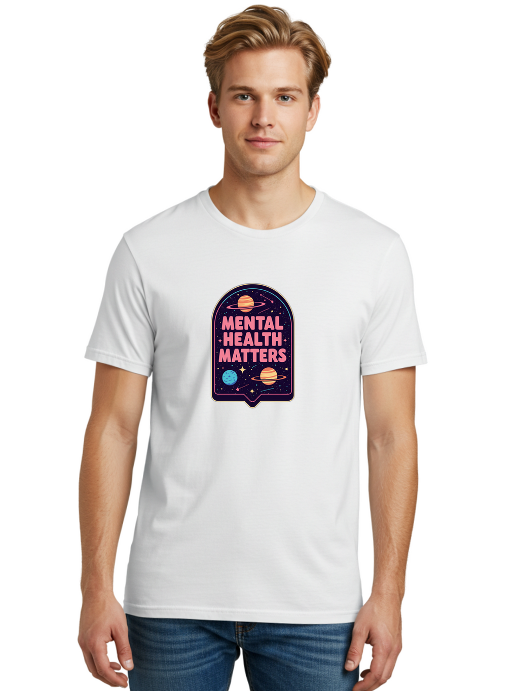 Mental-Health-Matters-4 Men'S Graphic Tee, 100% Cotton, Comfortable Casual Summer Wear, Machine Washable, Mental Health Awareness, Motivational Quote, Celestial Theme, Pink Text, Outer Space Design, Stars, Planets, Mental Wellness, Self Care, Bae069