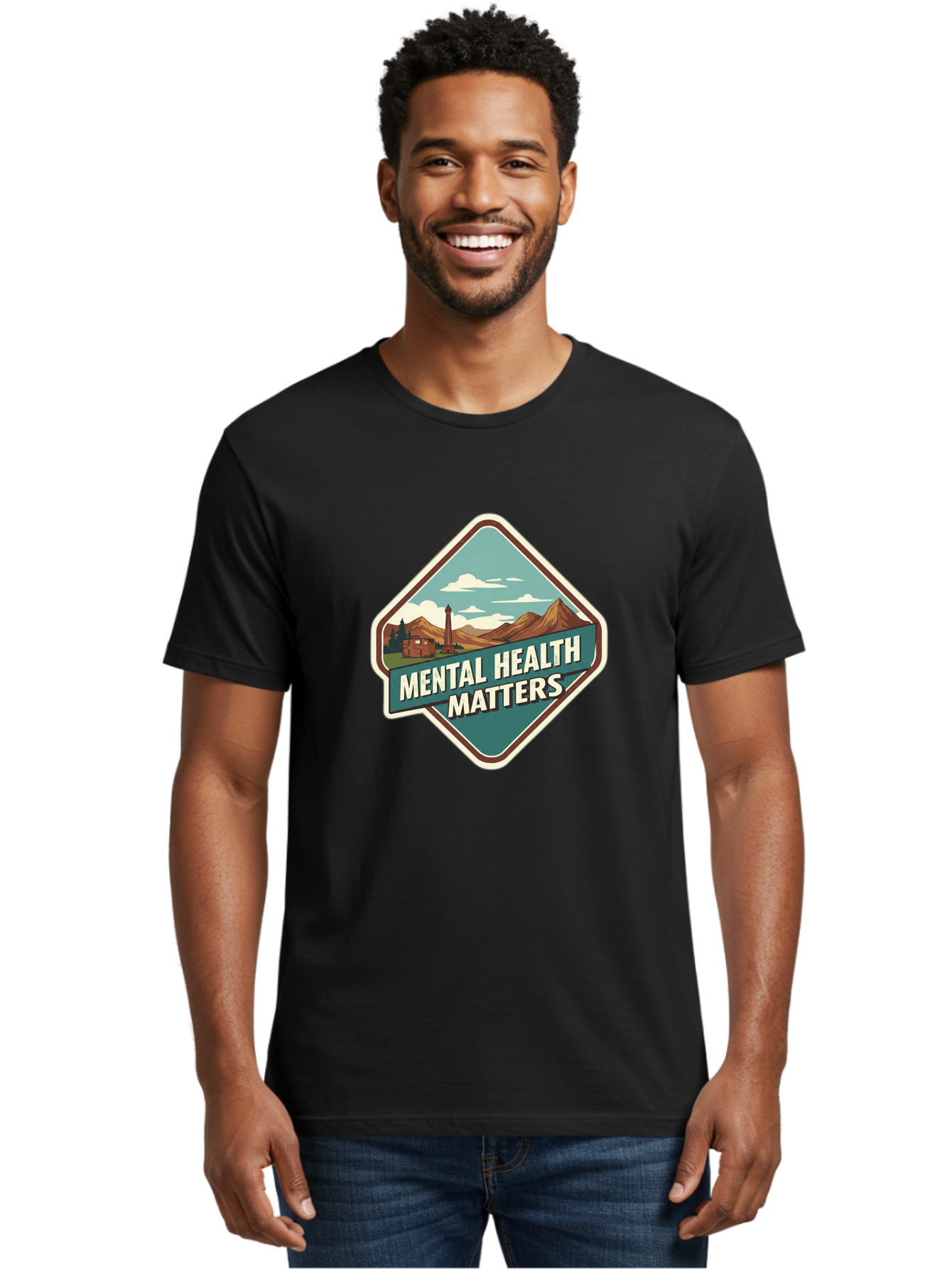 Mental-Health-Matters-5 Men'S Graphic Tee, 100% Cotton, Comfortable Casual Summer Wear, Machine Washable, Mental Health Awareness, Rural Landscape, Mountains, Cloudy Sky, Lighthouse, Mental Health Matters, Self-Care, Wellness, Mindfulness, Bae070