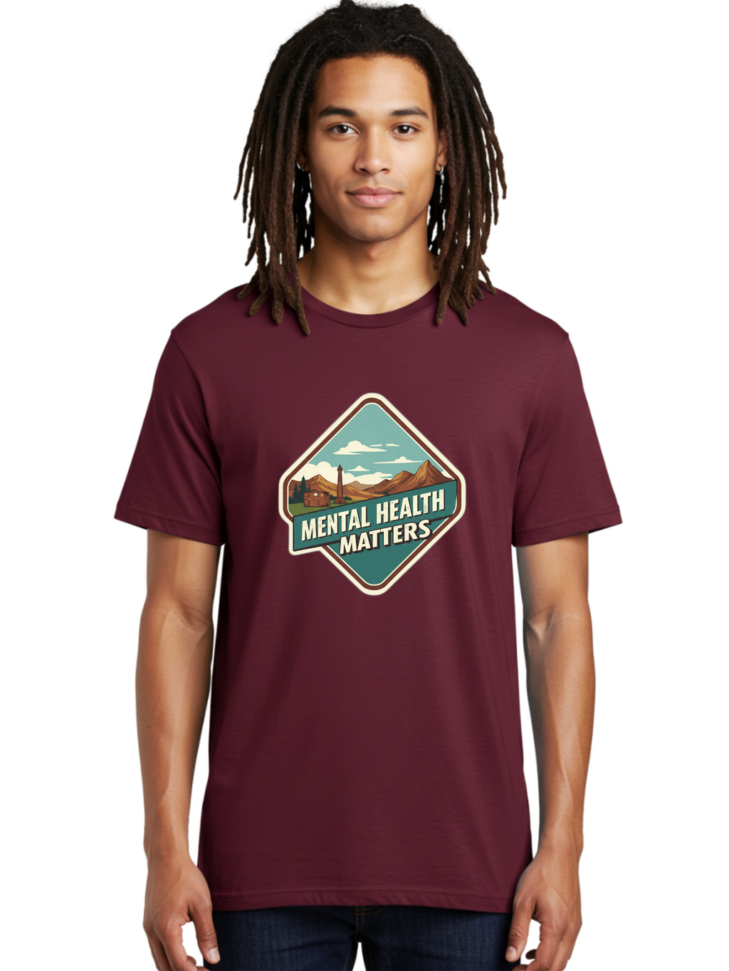 Mental-Health-Matters-5 Men'S Graphic Tee, 100% Cotton, Comfortable Casual Summer Wear, Machine Washable, Mental Health Awareness, Rural Landscape, Mountains, Cloudy Sky, Lighthouse, Mental Health Matters, Self-Care, Wellness, Mindfulness, Bae070