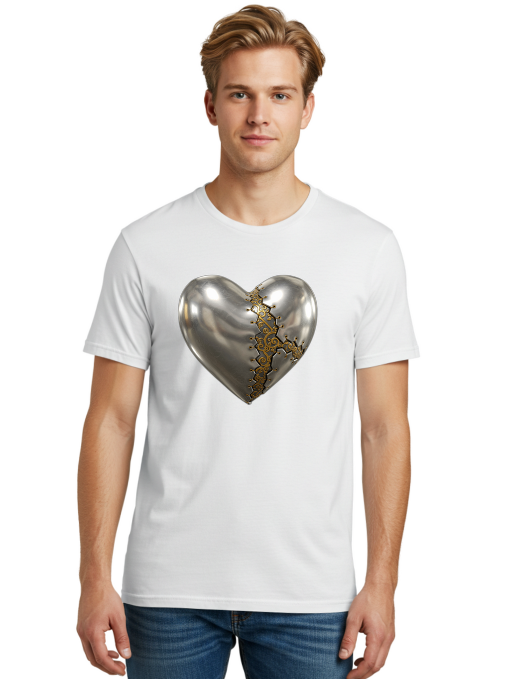 Metal-Heart Men'S Graphic Tee, 100% Cotton, Comfortable Casual Summer Wear, Machine Washable, Metallic Heart, Broken Heart, Kintsugi Repair, Golden Filigree, Cracked Heart, Heart Repair, Steampunk Heart, Metalwork Art, Heart Symbolism, Bae072