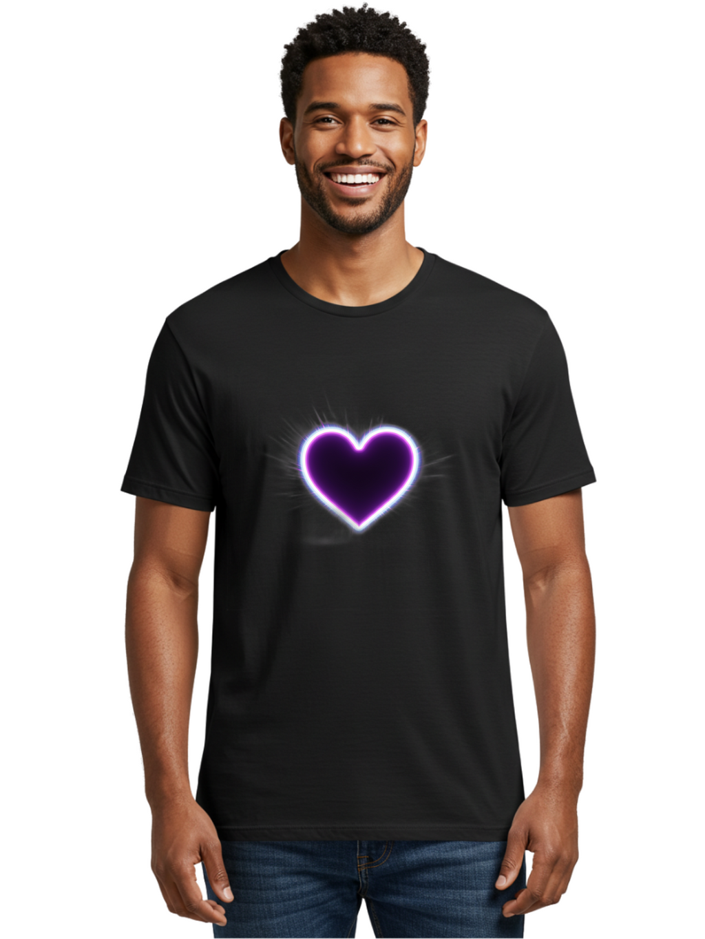 Purple-Heart Men'S Graphic Tee, 100% Cotton, Comfortable Casual Summer Wear, Machine Washable, Purple Heart Icon, Glowing Heart, Purple Neon Glow, Love Symbol, Heart Shape, Vibrant Purple, Emotional Graphic, Valentines Day Graphic, Heart Icon Bae075