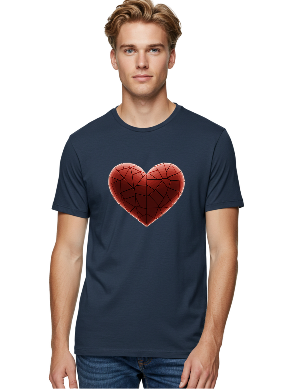 Red-Faceted-Heart Men'S Graphic Tee, 100% Cotton, Comfortable Casual Summer Wear, Machine Washable, Low Poly Heart, Geometric Heart, Red Heart, Love Symbol, Abstract Art, 3D Model, Modern Design, Polygonal Shape, Heart Shape Bae076