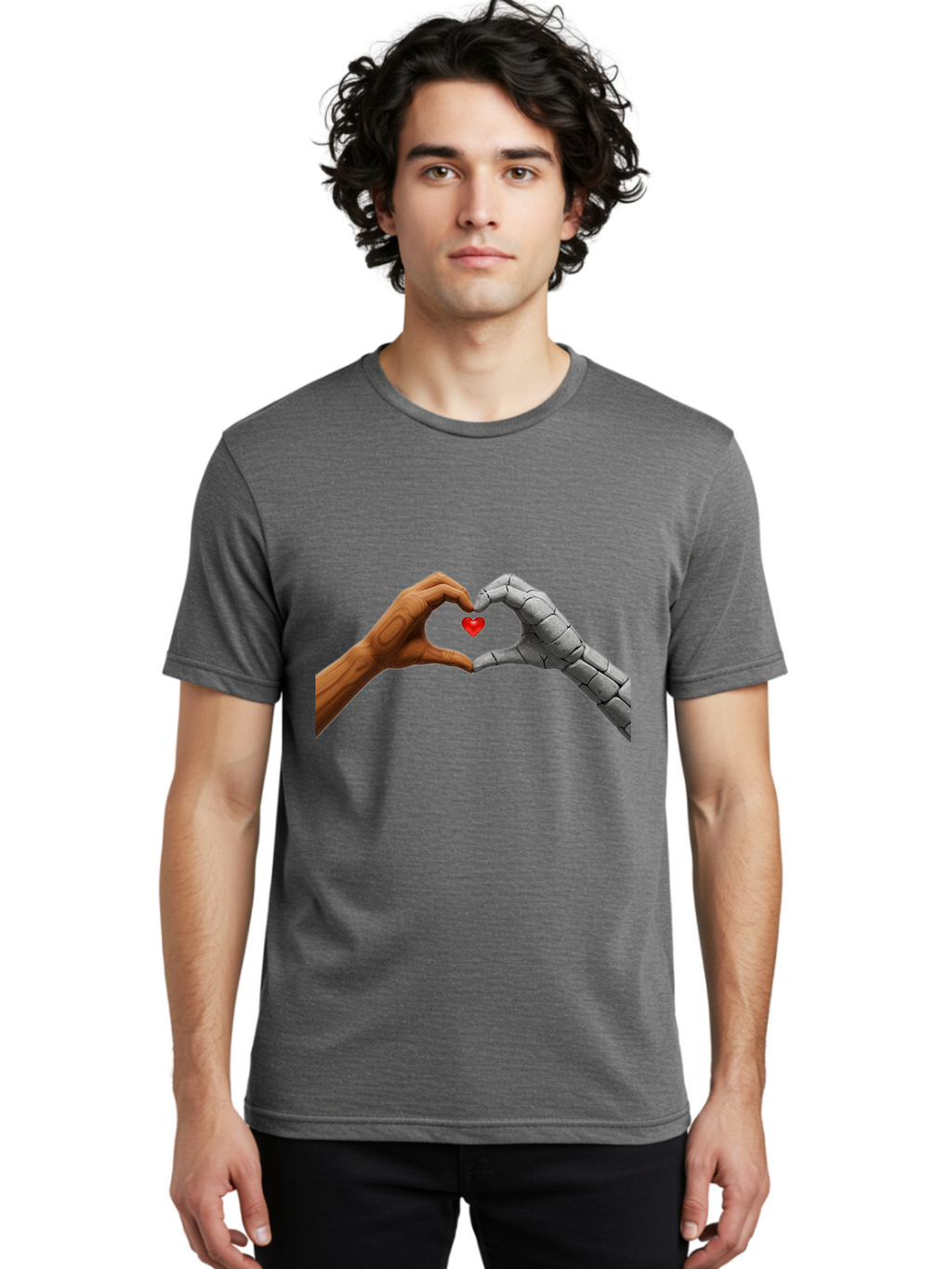 Robot-Hand-Human-Hand-Heart Men'S Graphic Tee, 100% Cotton, Comfortable Casual Summer Wear, Machine Washable, Human Hand, Robot Hand, Heart Shape, Love Symbol, Technology And Humanity, Futuristic Love, Robotic Love, Hand Gesture, Red Heart Bae077