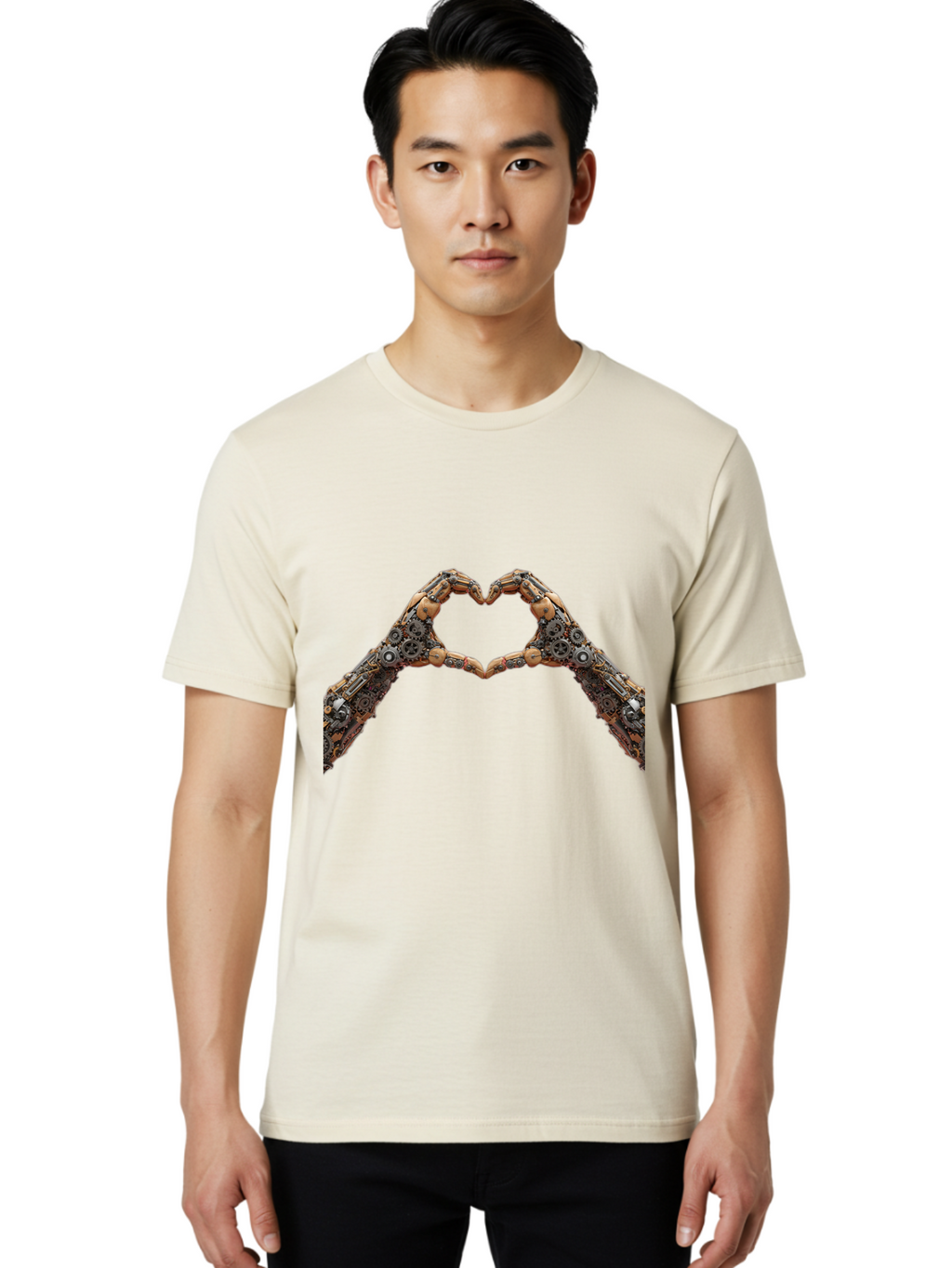 Robot-Hands-Heart Men'S Graphic Tee, 100% Cotton, Comfortable Casual Summer Wear, Machine Washable, Robot Hands Forming A Heart, Steampunk Design, Mechanical Love, Robotic Machinery, Gear Components, Industrial Elements, Symbol Of Affection, Bae078