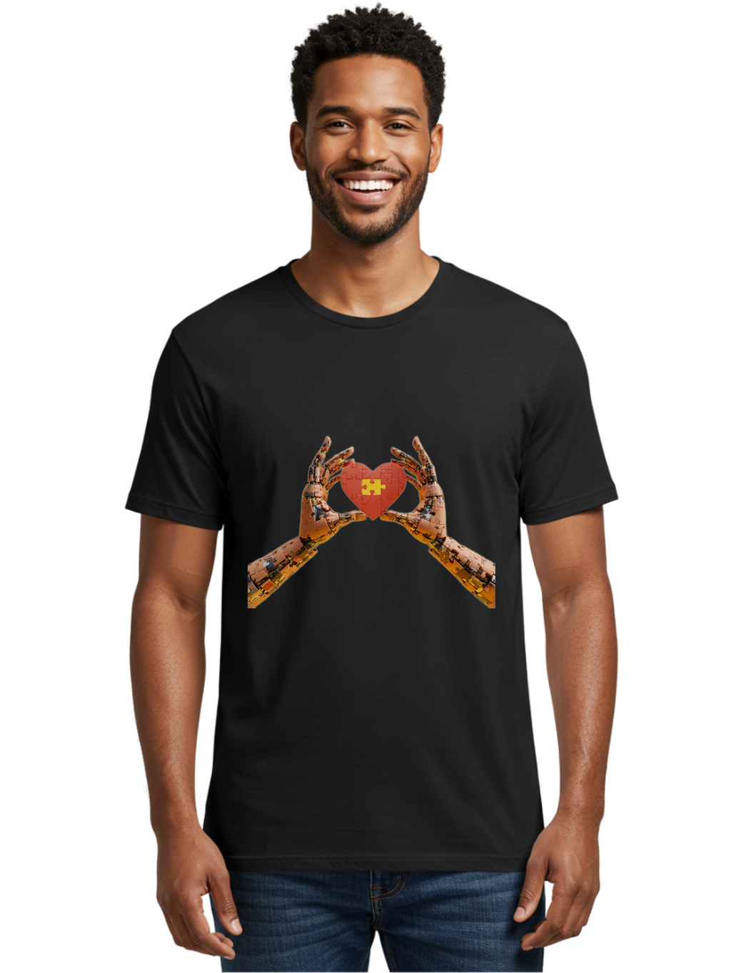 Robot-Hands-Holding-Heart-Puzzle Men'S Graphic Tee, 100% Cotton, Comfortable Casual Summer Wear, Machine Washable, Robotic Hands, Puzzle Heart, Artificial Intelligence, Ai, Robotics, Love, Heart, Puzzle Piece, Technology, Innovation, Bae079