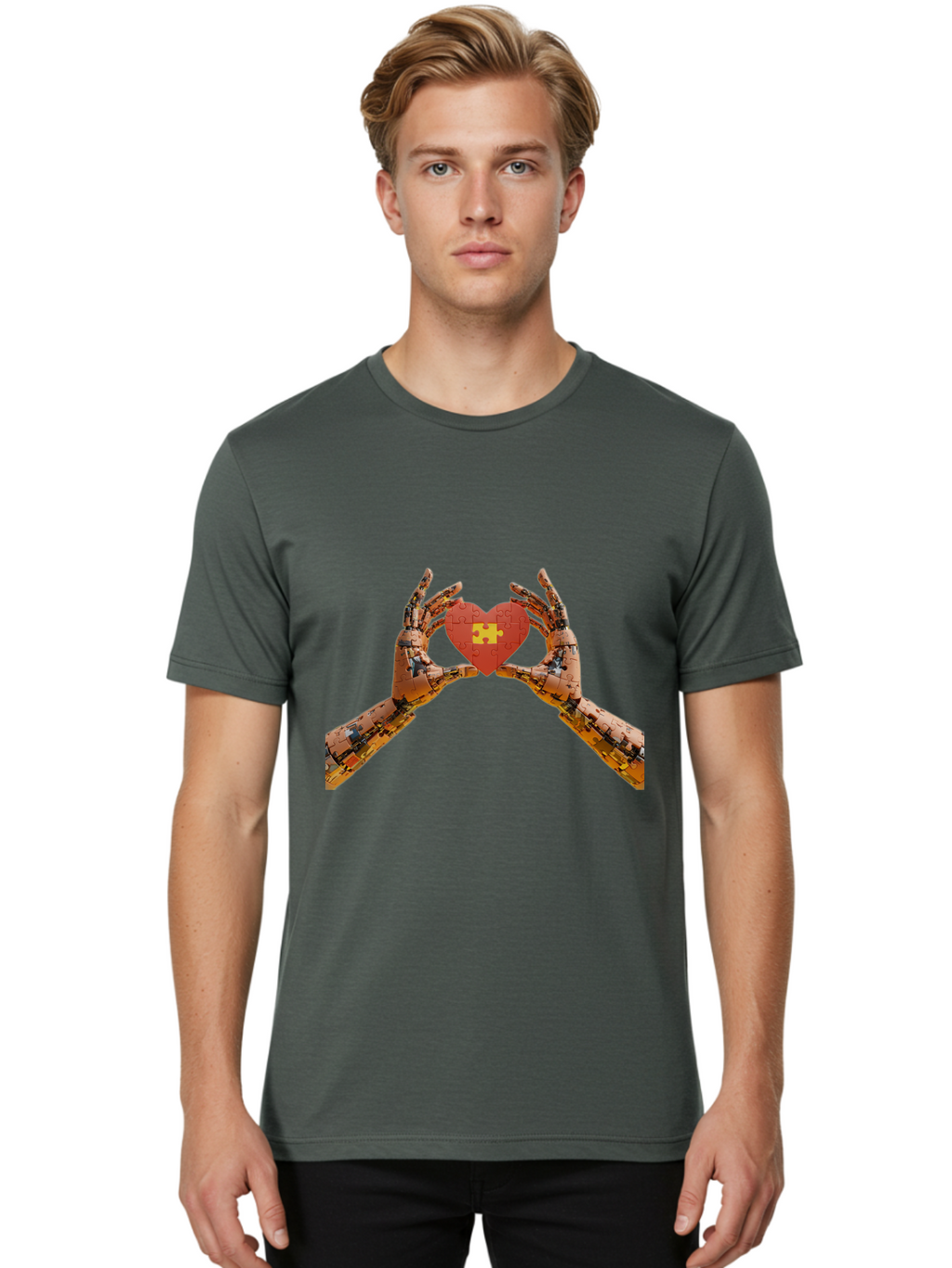 Robot-Hands-Holding-Heart-Puzzle Men'S Graphic Tee, 100% Cotton, Comfortable Casual Summer Wear, Machine Washable, Robotic Hands, Puzzle Heart, Artificial Intelligence, Ai, Robotics, Love, Heart, Puzzle Piece, Technology, Innovation, Bae079