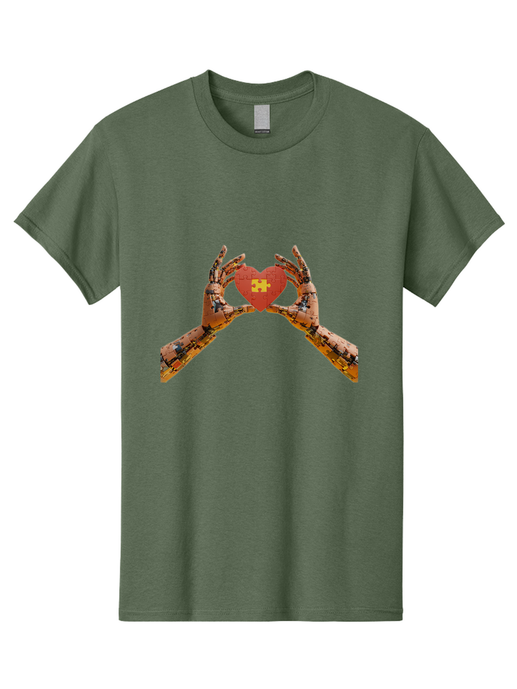 Robot-Hands-Holding-Heart-Puzzle Men'S Graphic Tee, 100% Cotton, Comfortable Casual Summer Wear, Machine Washable, Robotic Hands, Puzzle Heart, Artificial Intelligence, Ai, Robotics, Love, Heart, Puzzle Piece, Technology, Innovation, Bae079