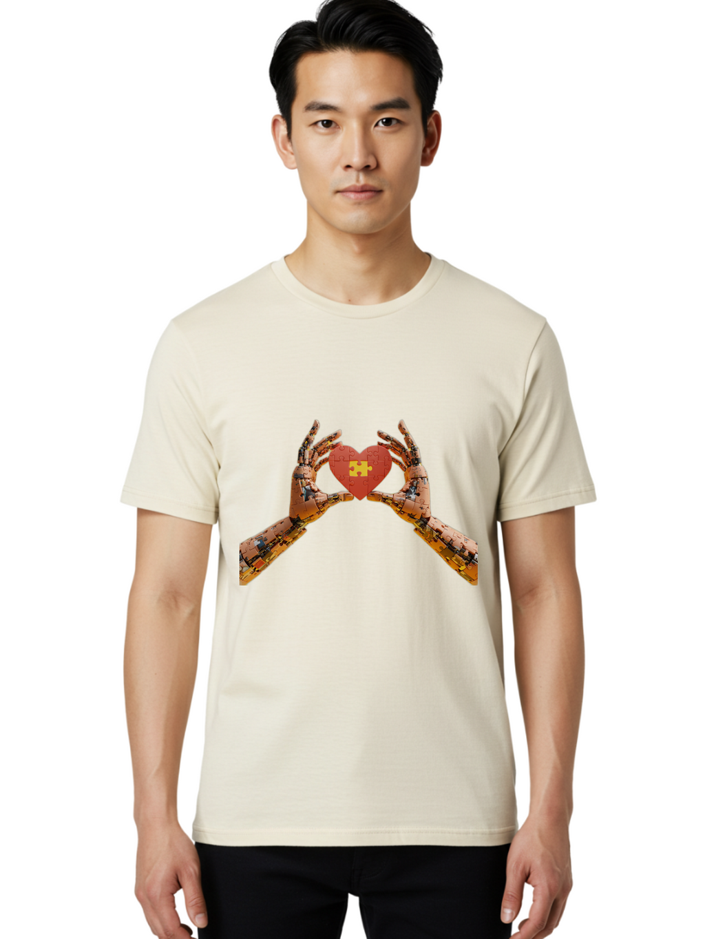 Robot-Hands-Holding-Heart-Puzzle Men'S Graphic Tee, 100% Cotton, Comfortable Casual Summer Wear, Machine Washable, Robotic Hands, Puzzle Heart, Artificial Intelligence, Ai, Robotics, Love, Heart, Puzzle Piece, Technology, Innovation, Bae079