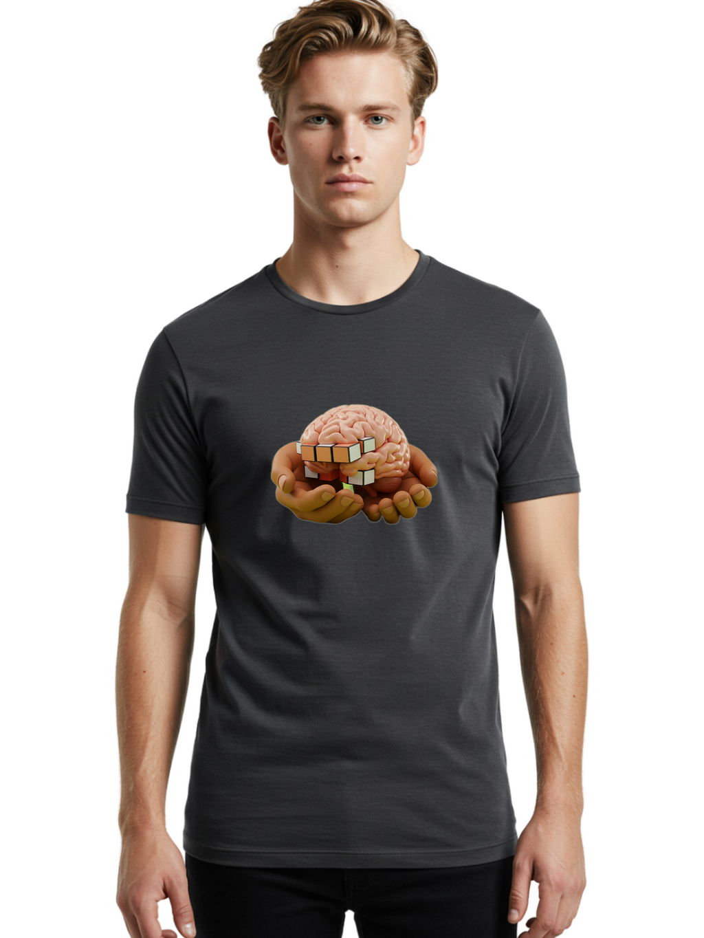 Rubik-S-Cube-Brain Men'S Graphic Tee, 100% Cotton, Comfortable Casual Summer Wear, Machine Washable, Human Brain With Rubik'S Cube, Problem-Solving, Critical Thinking, Cognitive Skills, Puzzle-Solving, Brain Teaser, Intellectual Challenge Bae081
