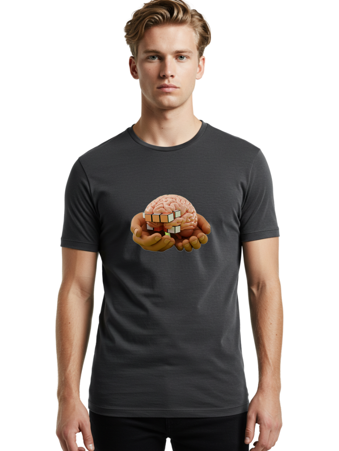 Rubik-S-Cube-Brain Men'S Graphic Tee, 100% Cotton, Comfortable Casual Summer Wear, Machine Washable, Human Brain With Rubik'S Cube, Problem-Solving, Critical Thinking, Cognitive Skills, Puzzle-Solving, Brain Teaser, Intellectual Challenge Bae081