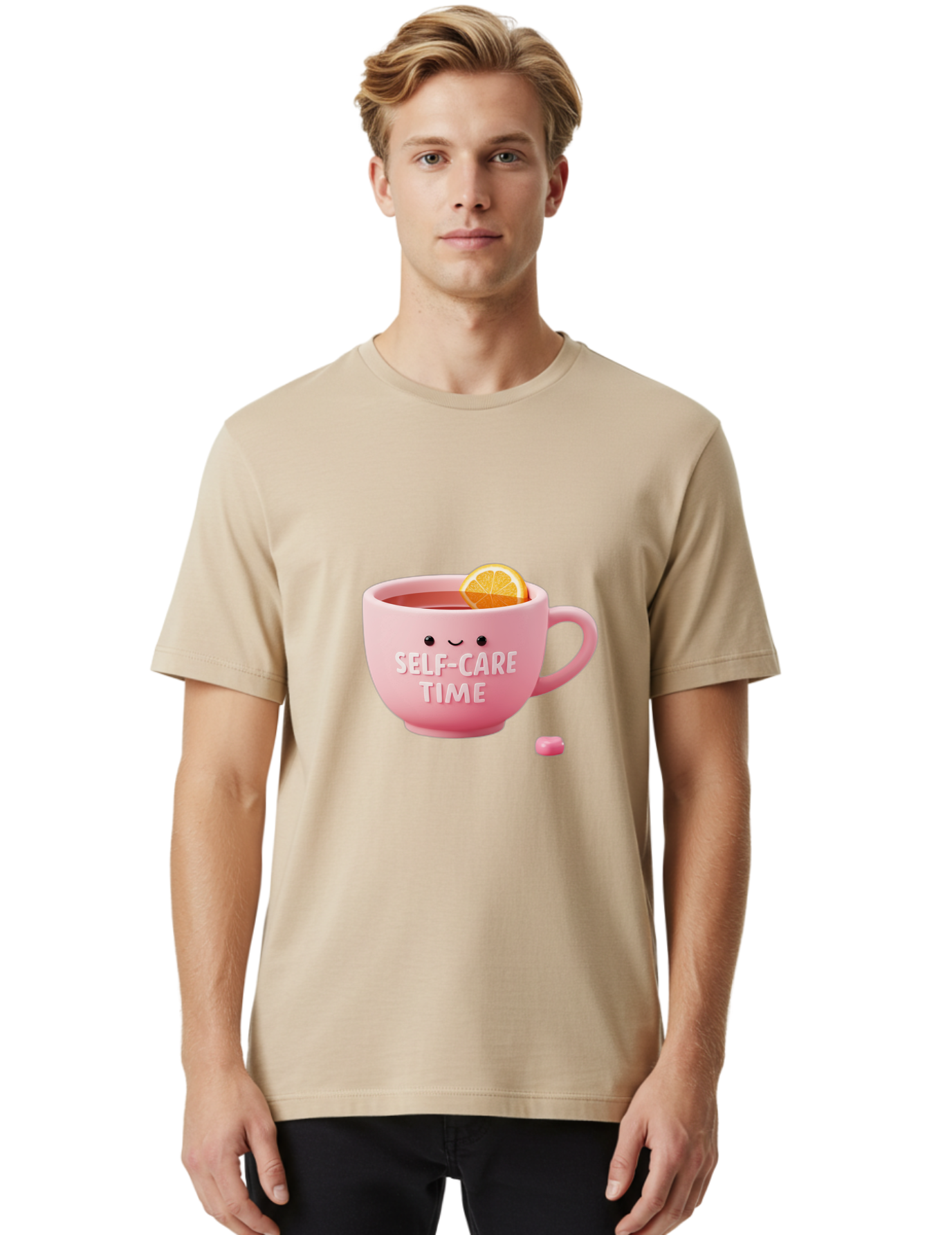 Self-Care-Time-1 Men'S Graphic Tee, 100% Cotton, Comfortable Casual Summer Wear, Machine Washable, Relaxing Tea, Self Care, Wellness, Mindfulness, Pink Tea Cup, Lemon Slice, Cozy Atmosphere, Calming Ambiance, Soothing Drink Bae082