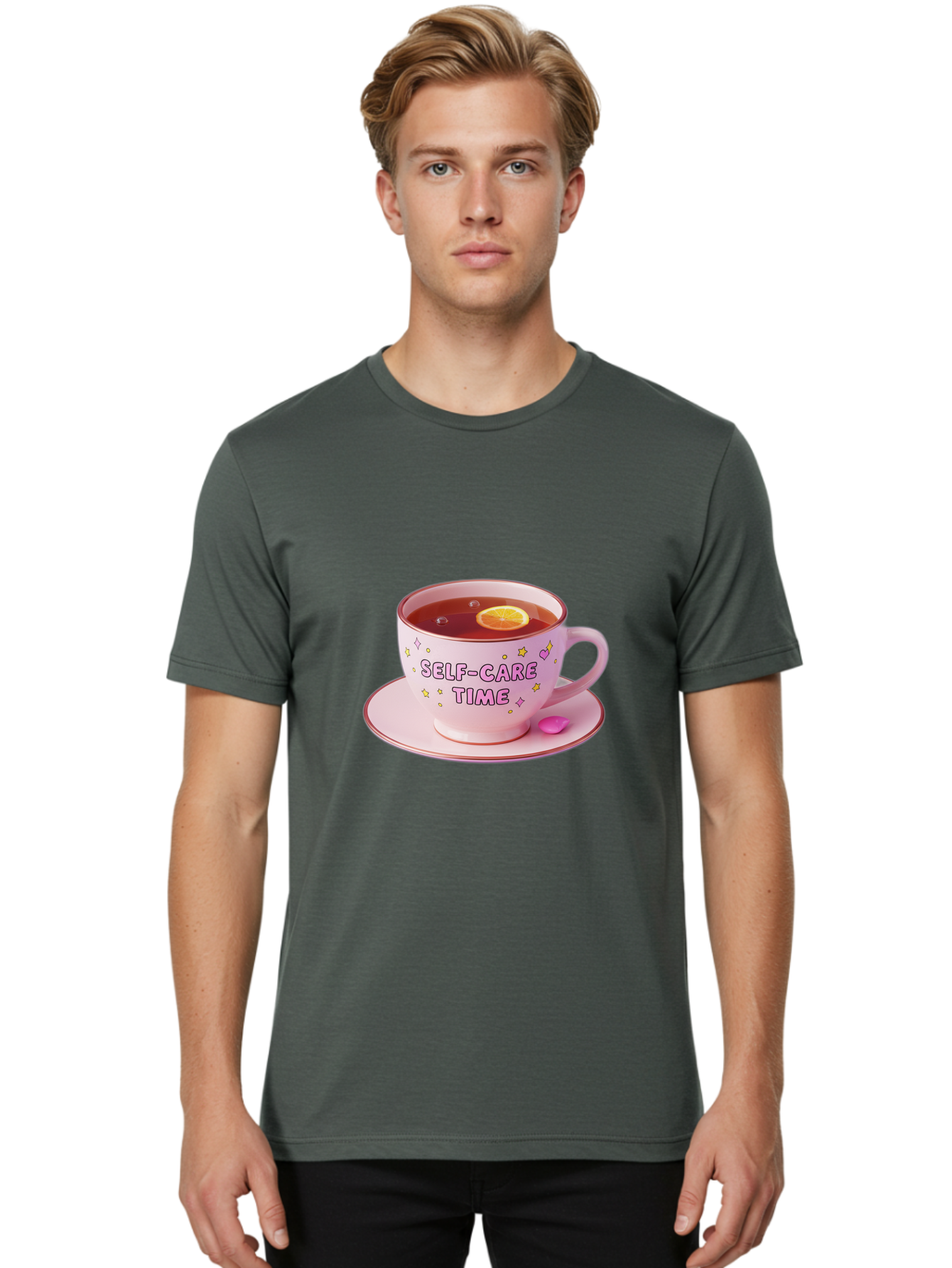 Self-Care-Time-2 Men'S Graphic Tee, 100% Cotton, Comfortable Casual Summer Wear, Machine Washable, Self-Care, Tea Time, Wellness, Relaxation, Pink Tea Cup, Lemon Slice, Colorful Stars, Stress Relief, Calming Tea, Mindfulness, Pink Candy Bae083