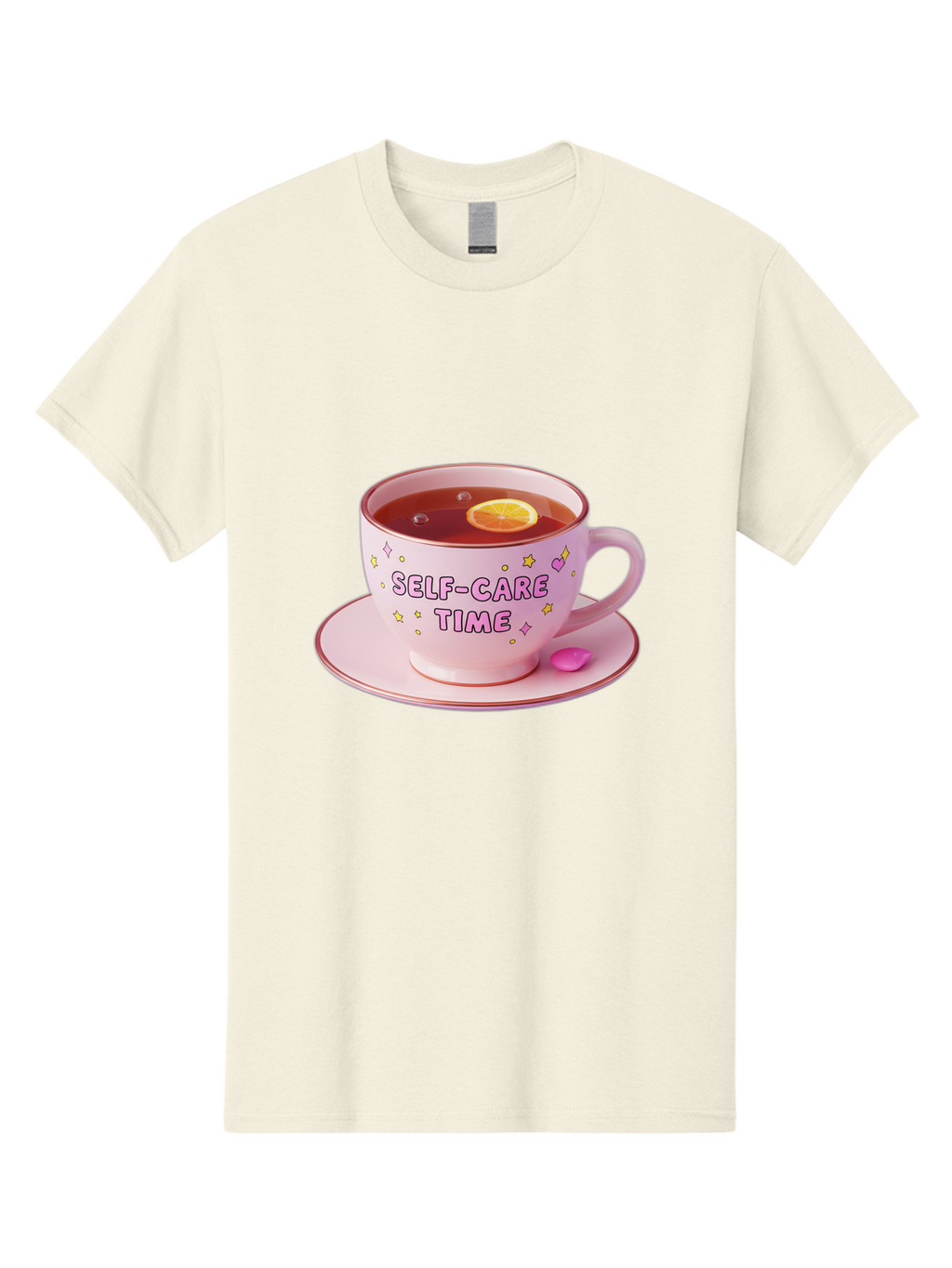 Self-Care-Time-2 Men'S Graphic Tee, 100% Cotton, Comfortable Casual Summer Wear, Machine Washable, Self-Care, Tea Time, Wellness, Relaxation, Pink Tea Cup, Lemon Slice, Colorful Stars, Stress Relief, Calming Tea, Mindfulness, Pink Candy Bae083