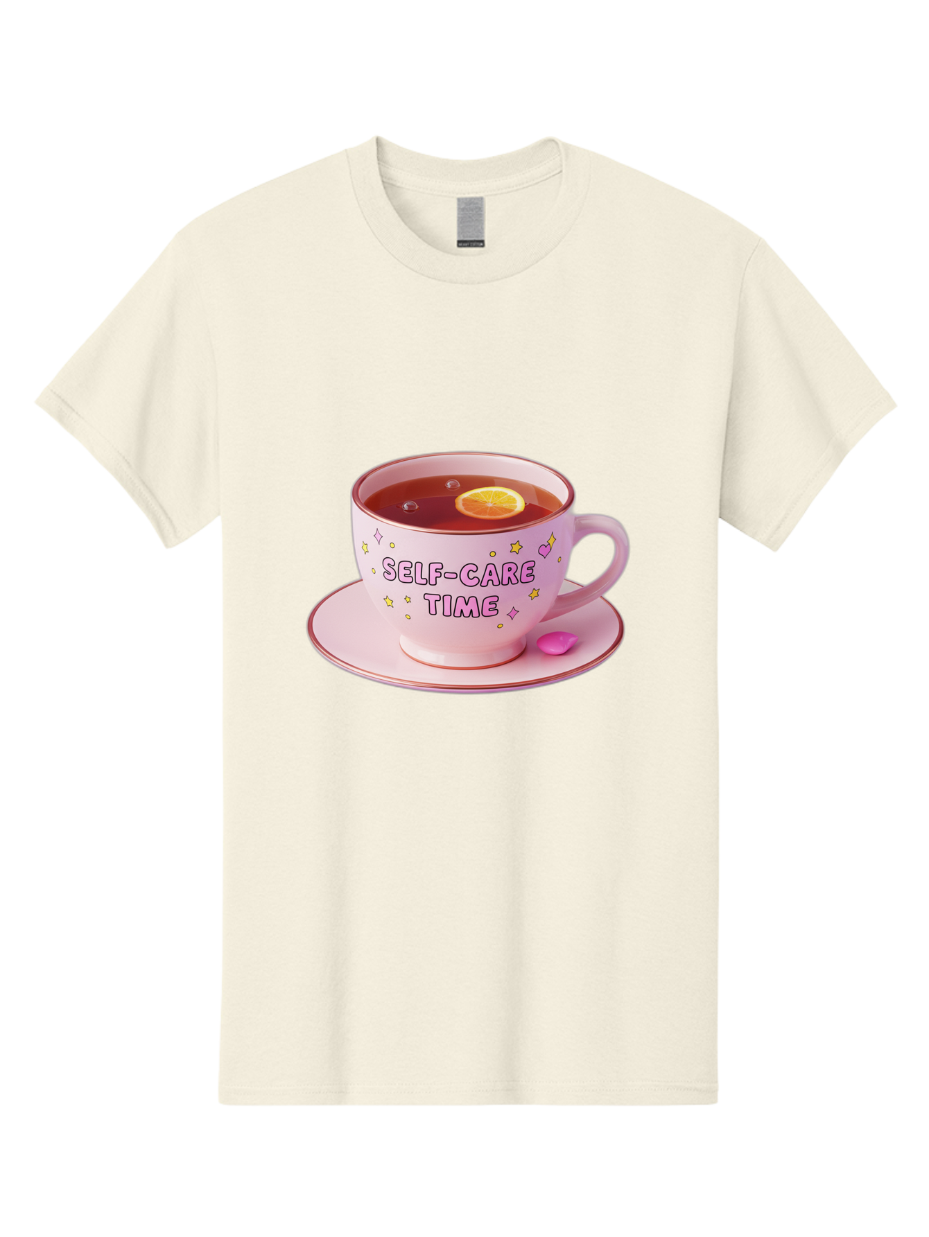Self-Care-Time-2 Men'S Graphic Tee, 100% Cotton, Comfortable Casual Summer Wear, Machine Washable, Self-Care, Tea Time, Wellness, Relaxation, Pink Tea Cup, Lemon Slice, Colorful Stars, Stress Relief, Calming Tea, Mindfulness, Pink Candy Bae083