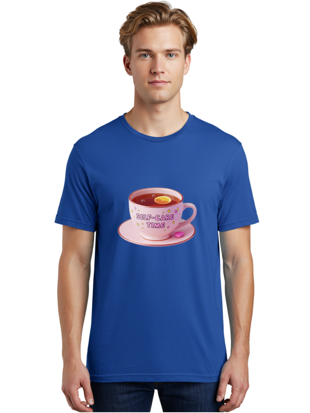 Self-Care-Time-2 Men'S Graphic Tee, 100% Cotton, Comfortable Casual Summer Wear, Machine Washable, Self-Care, Tea Time, Wellness, Relaxation, Pink Tea Cup, Lemon Slice, Colorful Stars, Stress Relief, Calming Tea, Mindfulness, Pink Candy Bae083