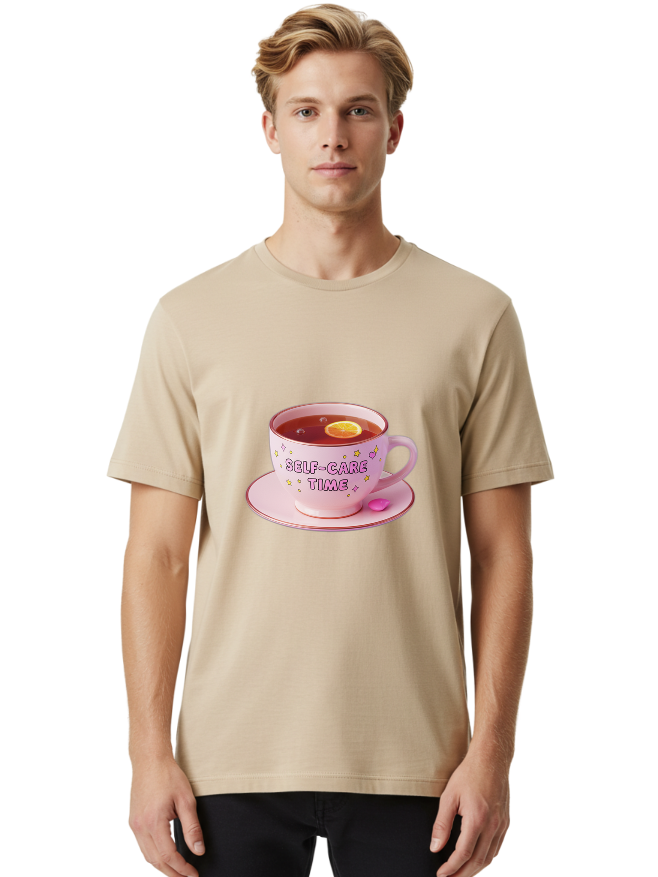 Self-Care-Time-2 Men'S Graphic Tee, 100% Cotton, Comfortable Casual Summer Wear, Machine Washable, Self-Care, Tea Time, Wellness, Relaxation, Pink Tea Cup, Lemon Slice, Colorful Stars, Stress Relief, Calming Tea, Mindfulness, Pink Candy Bae083