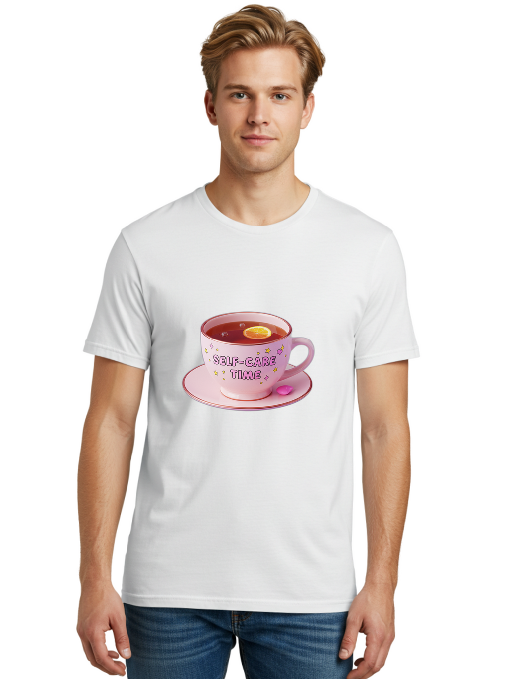 Self-Care-Time-2 Men'S Graphic Tee, 100% Cotton, Comfortable Casual Summer Wear, Machine Washable, Self-Care, Tea Time, Wellness, Relaxation, Pink Tea Cup, Lemon Slice, Colorful Stars, Stress Relief, Calming Tea, Mindfulness, Pink Candy Bae083