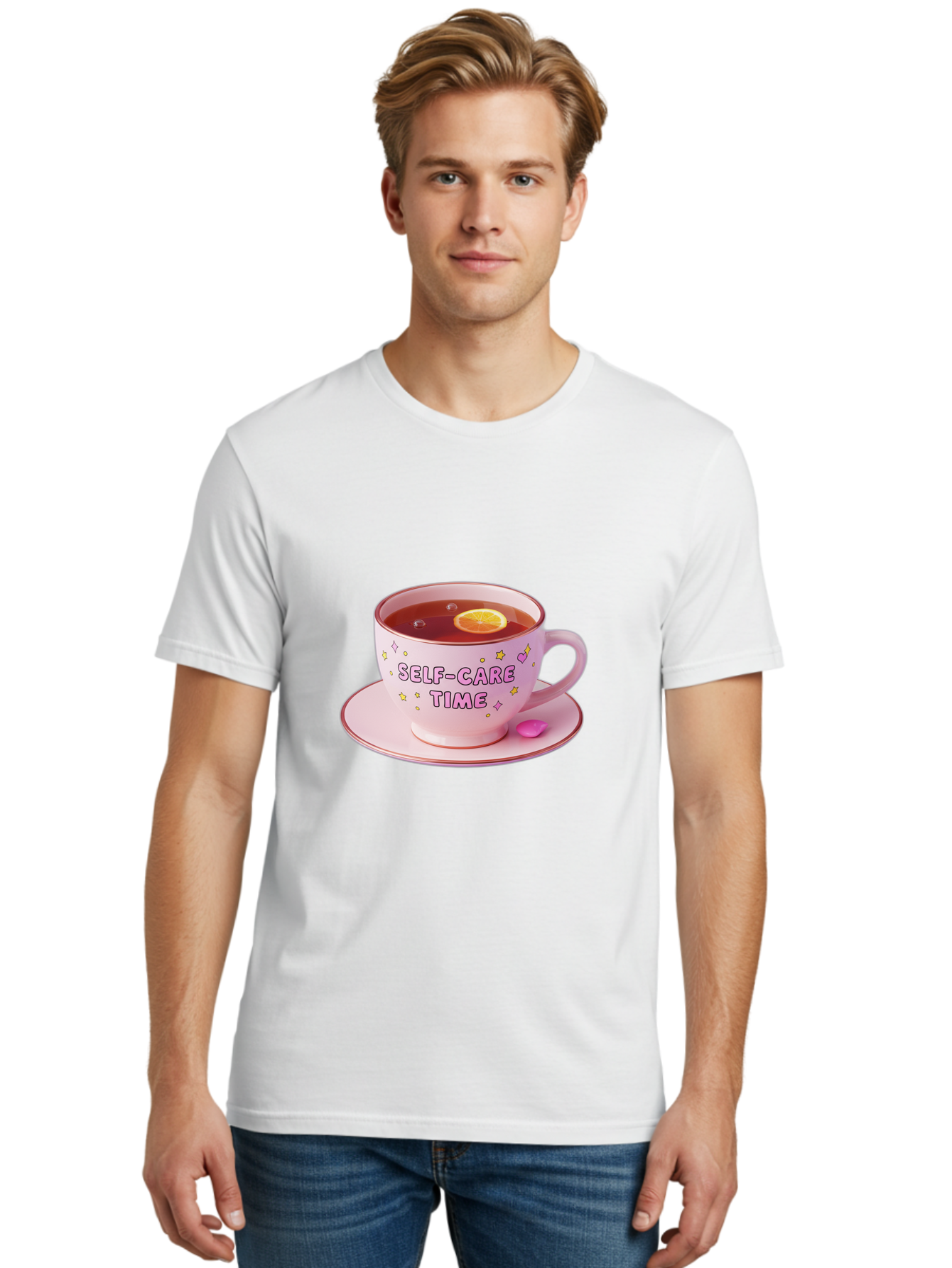 Self-Care-Time-2 Men'S Graphic Tee, 100% Cotton, Comfortable Casual Summer Wear, Machine Washable, Self-Care, Tea Time, Wellness, Relaxation, Pink Tea Cup, Lemon Slice, Colorful Stars, Stress Relief, Calming Tea, Mindfulness, Pink Candy Bae083