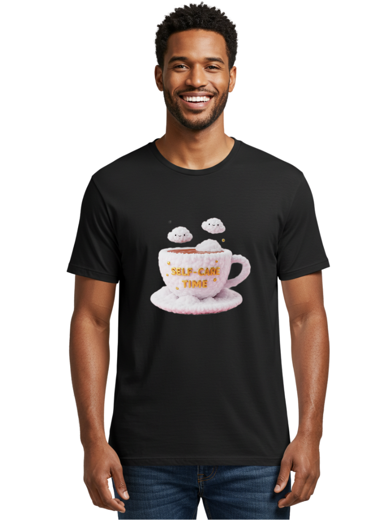 Self-Care-Time-4 Men'S Graphic Tee, 100% Cotton, Comfortable Casual Summer Wear, Machine Washable, Self-Care Time, Hot Coffee, Coffee Cup, Fluffy Clouds, Happy Face, Relaxation, Mindfulness, Calm Atmosphere, Soothing Ambiance, Mental Wellness Bae085