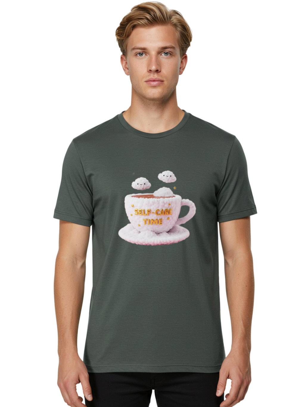 Self-Care-Time-4 Men'S Graphic Tee, 100% Cotton, Comfortable Casual Summer Wear, Machine Washable, Self-Care Time, Hot Coffee, Coffee Cup, Fluffy Clouds, Happy Face, Relaxation, Mindfulness, Calm Atmosphere, Soothing Ambiance, Mental Wellness Bae085