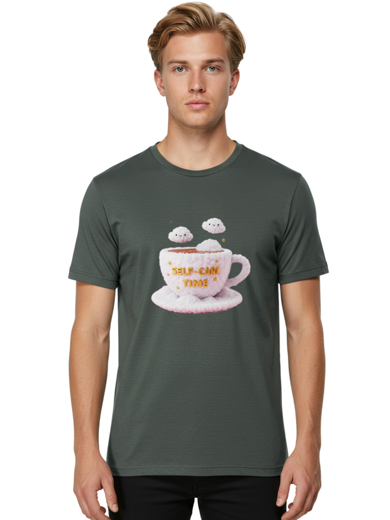 Self-Care-Time-4 Men'S Graphic Tee, 100% Cotton, Comfortable Casual Summer Wear, Machine Washable, Self-Care Time, Hot Coffee, Coffee Cup, Fluffy Clouds, Happy Face, Relaxation, Mindfulness, Calm Atmosphere, Soothing Ambiance, Mental Wellness Bae085