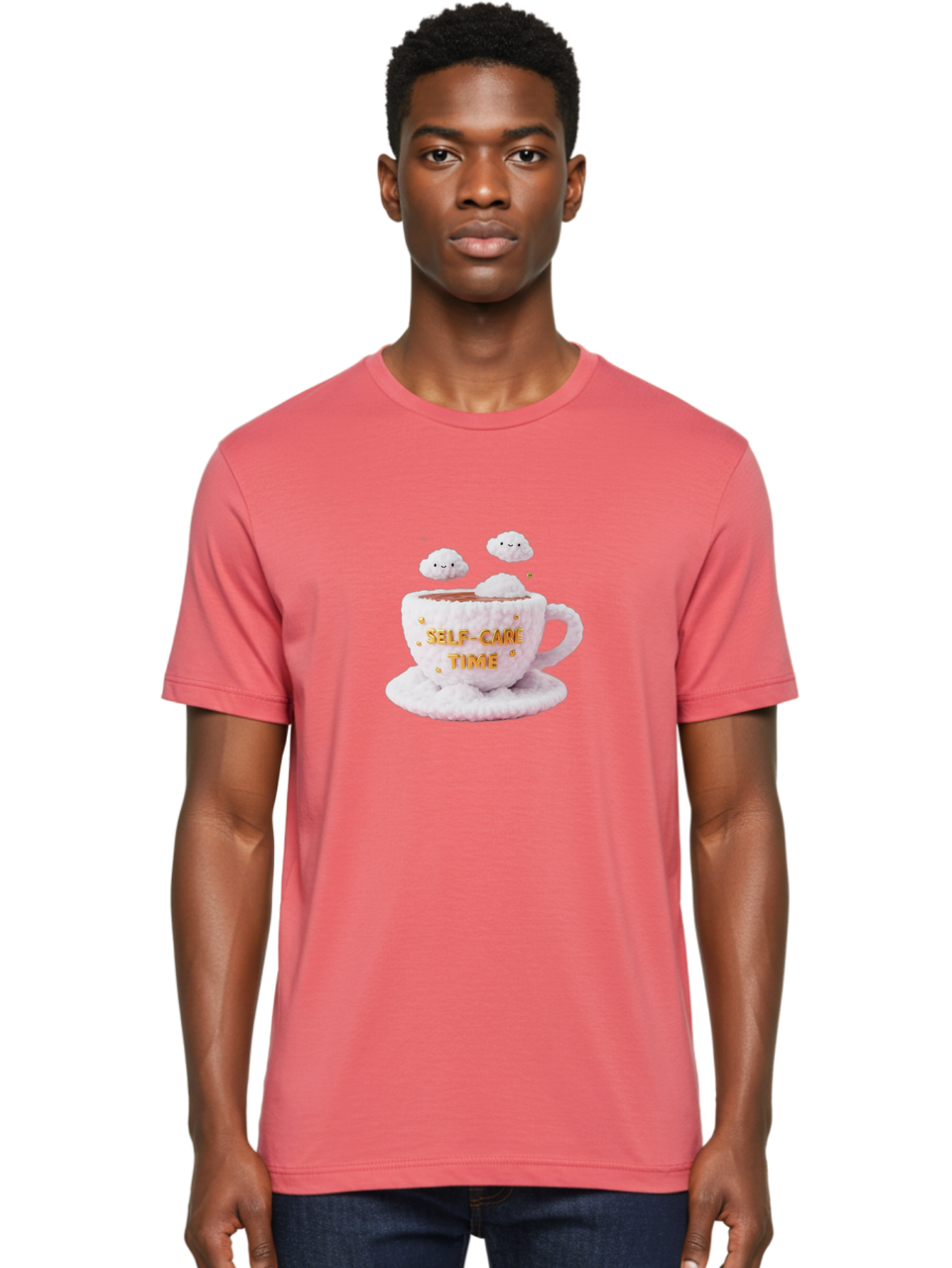 Self-Care-Time-4 Men'S Graphic Tee, 100% Cotton, Comfortable Casual Summer Wear, Machine Washable, Self-Care Time, Hot Coffee, Coffee Cup, Fluffy Clouds, Happy Face, Relaxation, Mindfulness, Calm Atmosphere, Soothing Ambiance, Mental Wellness Bae085