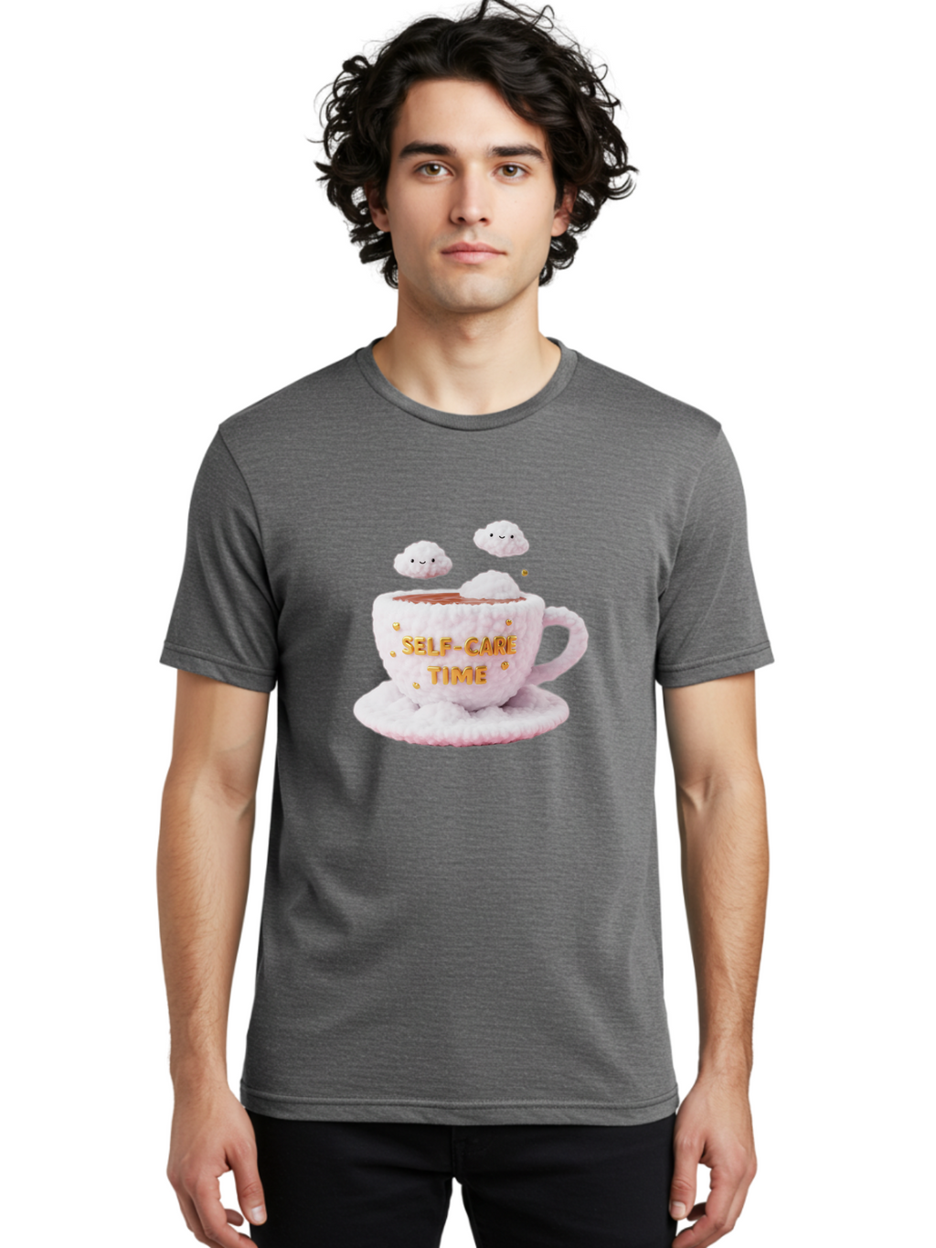 Self-Care-Time-4 Men'S Graphic Tee, 100% Cotton, Comfortable Casual Summer Wear, Machine Washable, Self-Care Time, Hot Coffee, Coffee Cup, Fluffy Clouds, Happy Face, Relaxation, Mindfulness, Calm Atmosphere, Soothing Ambiance, Mental Wellness Bae085