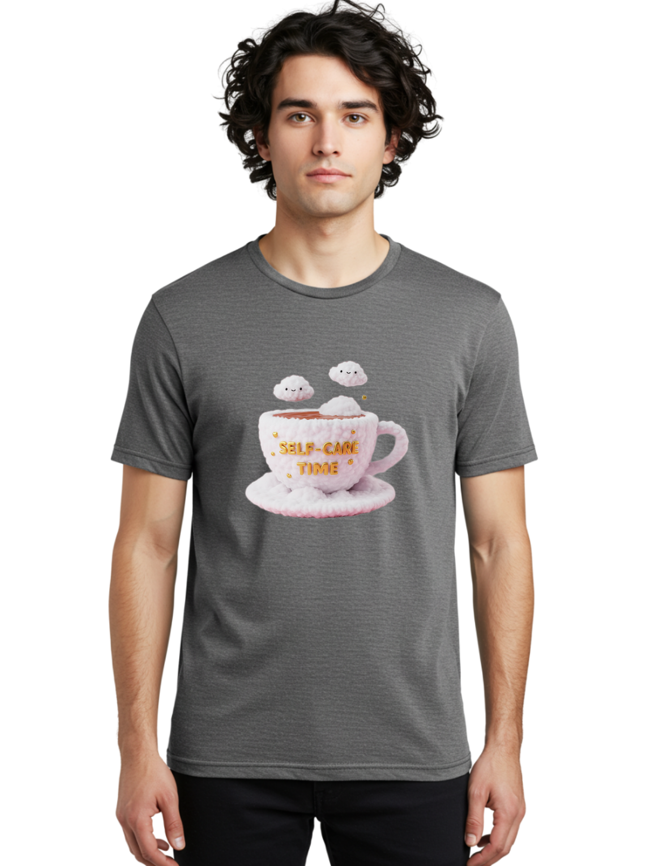 Self-Care-Time-4 Men'S Graphic Tee, 100% Cotton, Comfortable Casual Summer Wear, Machine Washable, Self-Care Time, Hot Coffee, Coffee Cup, Fluffy Clouds, Happy Face, Relaxation, Mindfulness, Calm Atmosphere, Soothing Ambiance, Mental Wellness Bae085