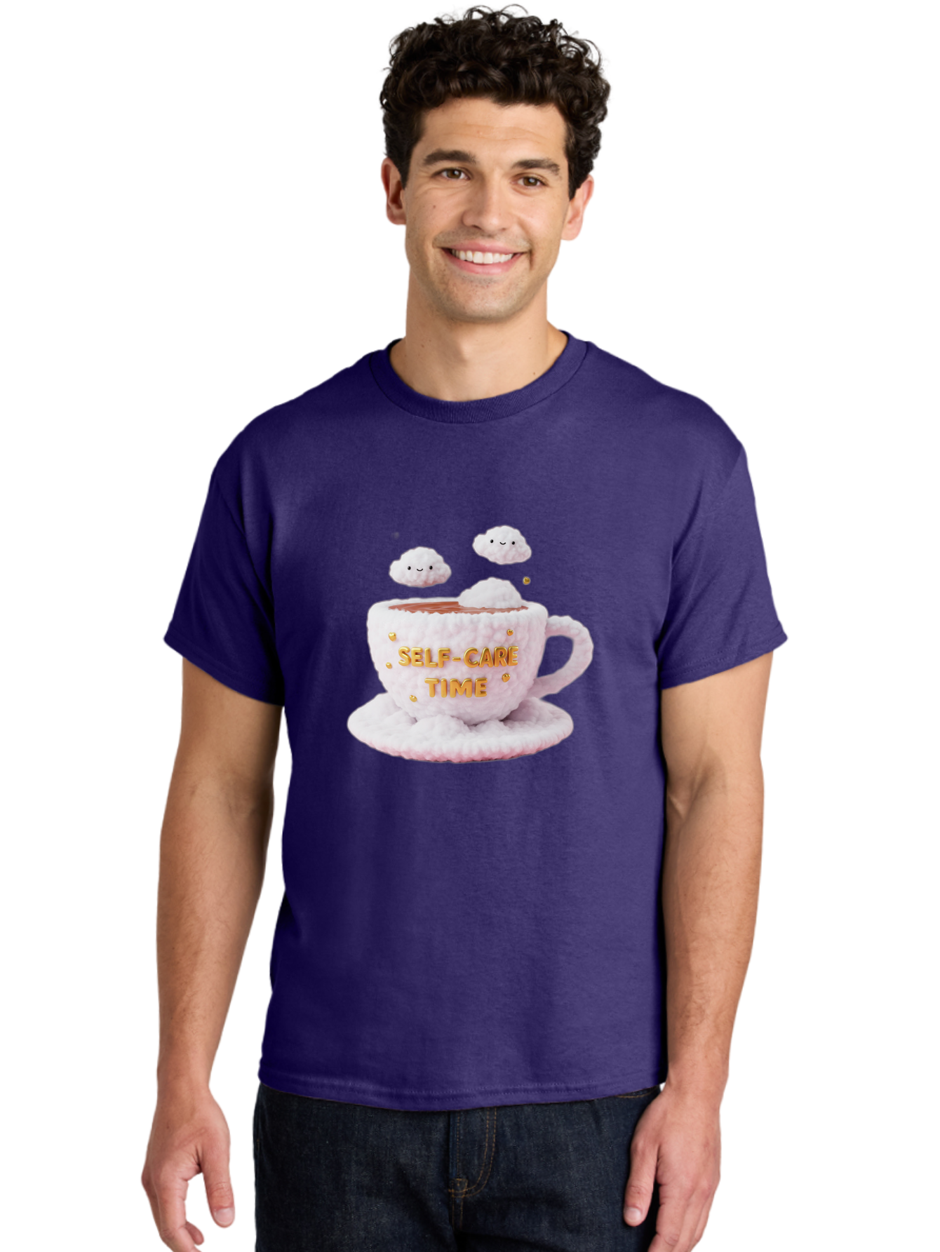 Self-Care-Time-4 Men'S Graphic Tee, 100% Cotton, Comfortable Casual Summer Wear, Machine Washable, Self-Care Time, Hot Coffee, Coffee Cup, Fluffy Clouds, Happy Face, Relaxation, Mindfulness, Calm Atmosphere, Soothing Ambiance, Mental Wellness Bae085