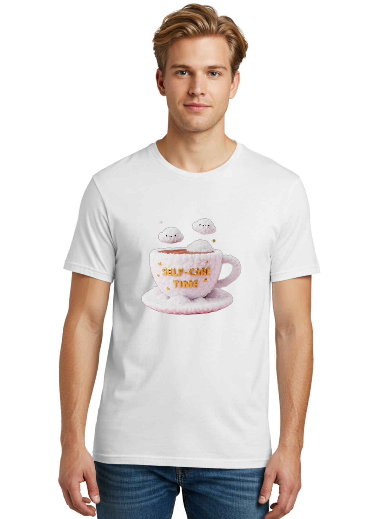 Self-Care-Time-4 Men'S Graphic Tee, 100% Cotton, Comfortable Casual Summer Wear, Machine Washable, Self-Care Time, Hot Coffee, Coffee Cup, Fluffy Clouds, Happy Face, Relaxation, Mindfulness, Calm Atmosphere, Soothing Ambiance, Mental Wellness Bae085
