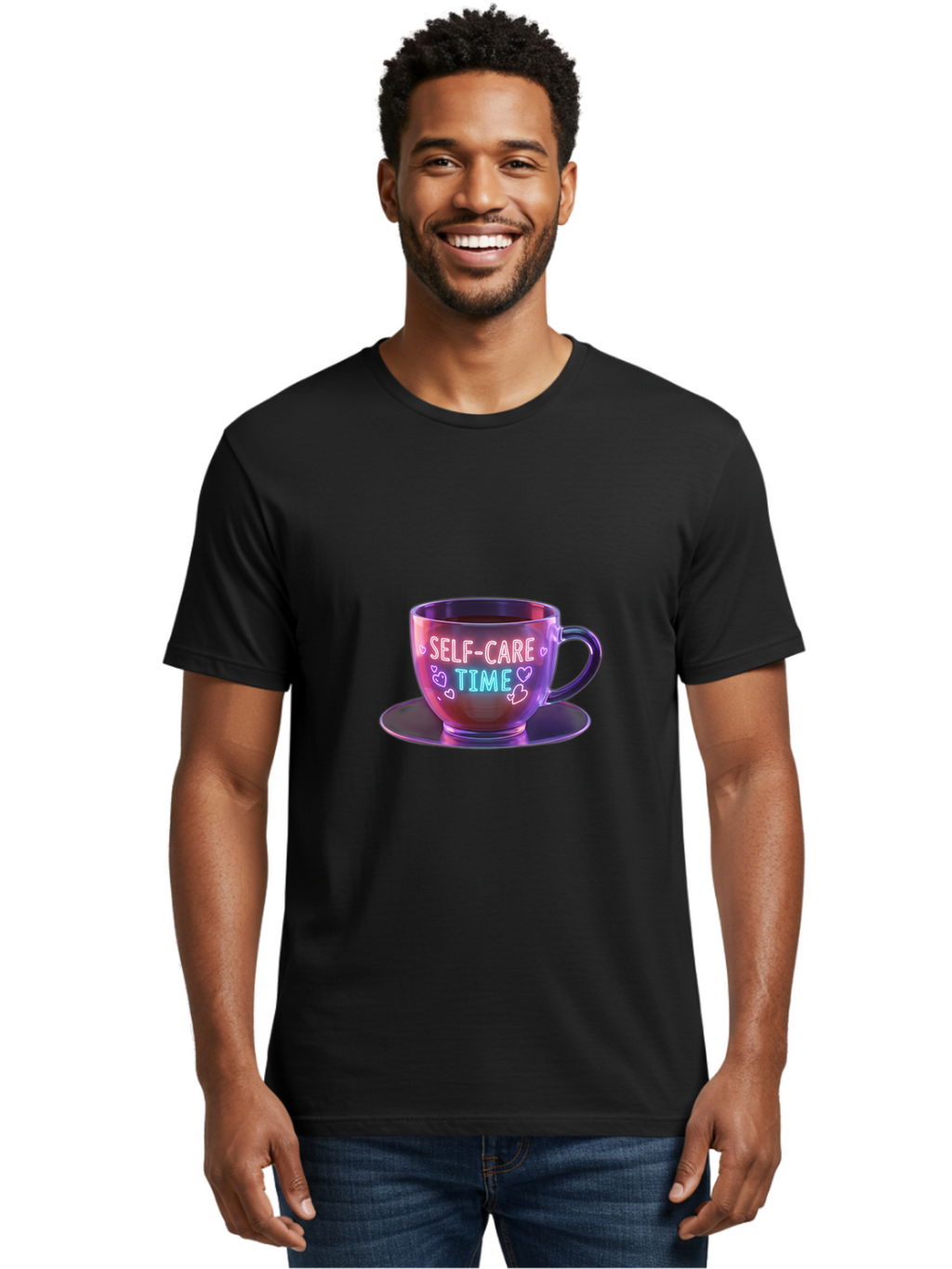 Self-Care-Time-5 Men'S Graphic Tee, 100% Cotton, Comfortable Casual Summer Wear, Machine Washable, Self-Care Time, Teacup, Relaxation, Mindfulness, Wellness, Calmness, Heart Shapes, Soothing Colors, Peaceful Moment, Serene Atmosphere, Bae086