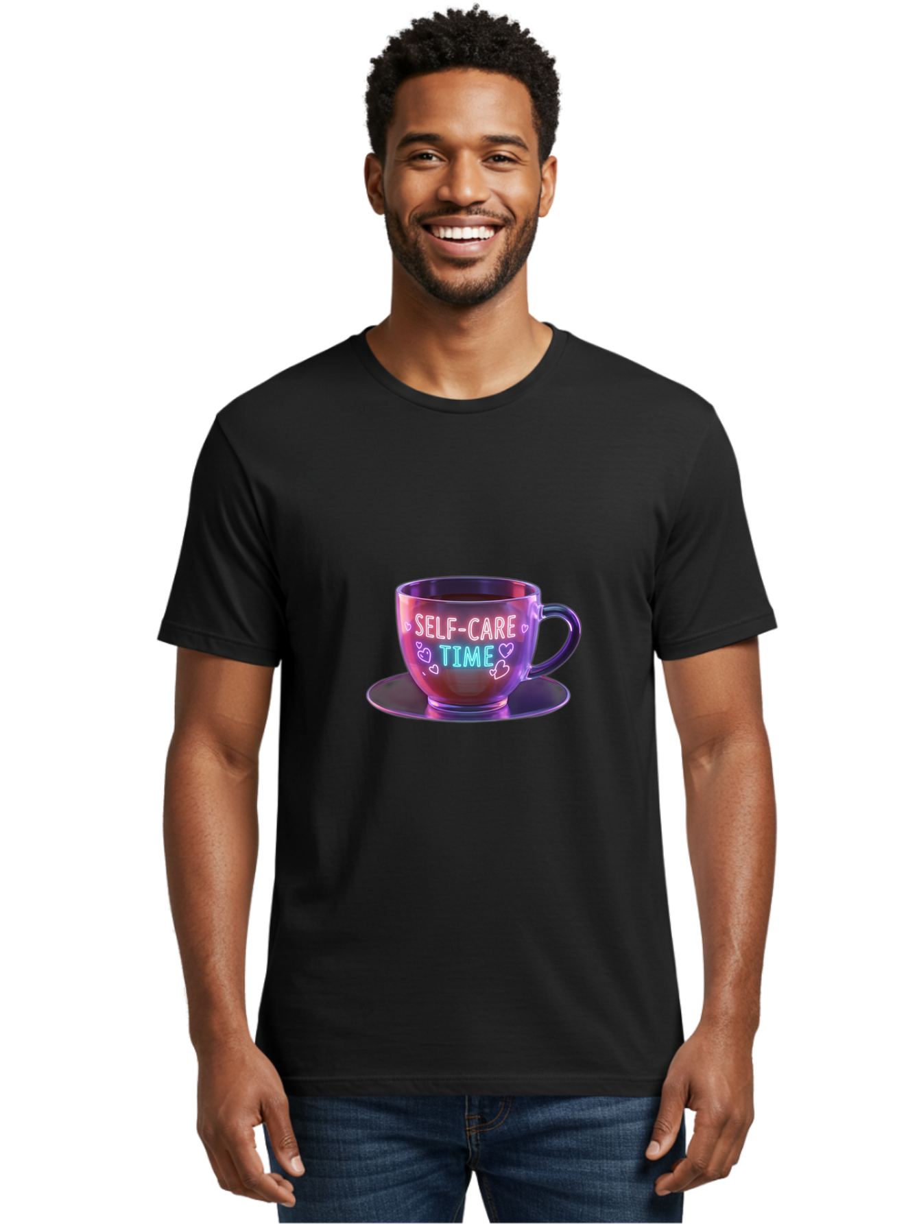 Self-Care-Time-5 Men'S Graphic Tee, 100% Cotton, Comfortable Casual Summer Wear, Machine Washable, Self-Care Time, Teacup, Relaxation, Mindfulness, Wellness, Calmness, Heart Shapes, Soothing Colors, Peaceful Moment, Serene Atmosphere, Bae086