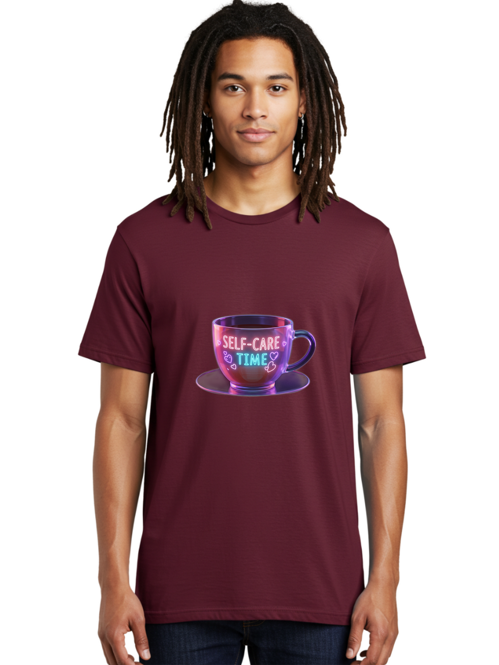 Self-Care-Time-5 Men'S Graphic Tee, 100% Cotton, Comfortable Casual Summer Wear, Machine Washable, Self-Care Time, Teacup, Relaxation, Mindfulness, Wellness, Calmness, Heart Shapes, Soothing Colors, Peaceful Moment, Serene Atmosphere, Bae086