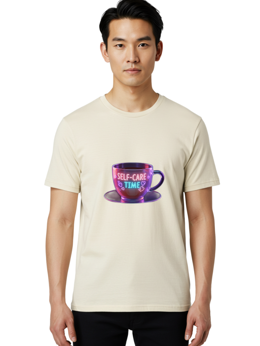 Self-Care-Time-5 Men'S Graphic Tee, 100% Cotton, Comfortable Casual Summer Wear, Machine Washable, Self-Care Time, Teacup, Relaxation, Mindfulness, Wellness, Calmness, Heart Shapes, Soothing Colors, Peaceful Moment, Serene Atmosphere, Bae086