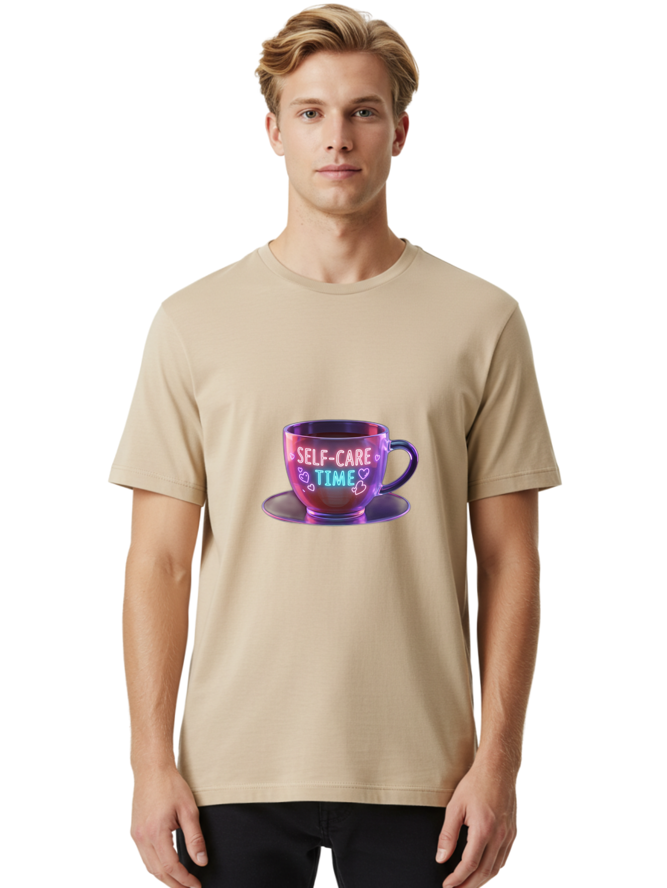 Self-Care-Time-5 Men'S Graphic Tee, 100% Cotton, Comfortable Casual Summer Wear, Machine Washable, Self-Care Time, Teacup, Relaxation, Mindfulness, Wellness, Calmness, Heart Shapes, Soothing Colors, Peaceful Moment, Serene Atmosphere, Bae086