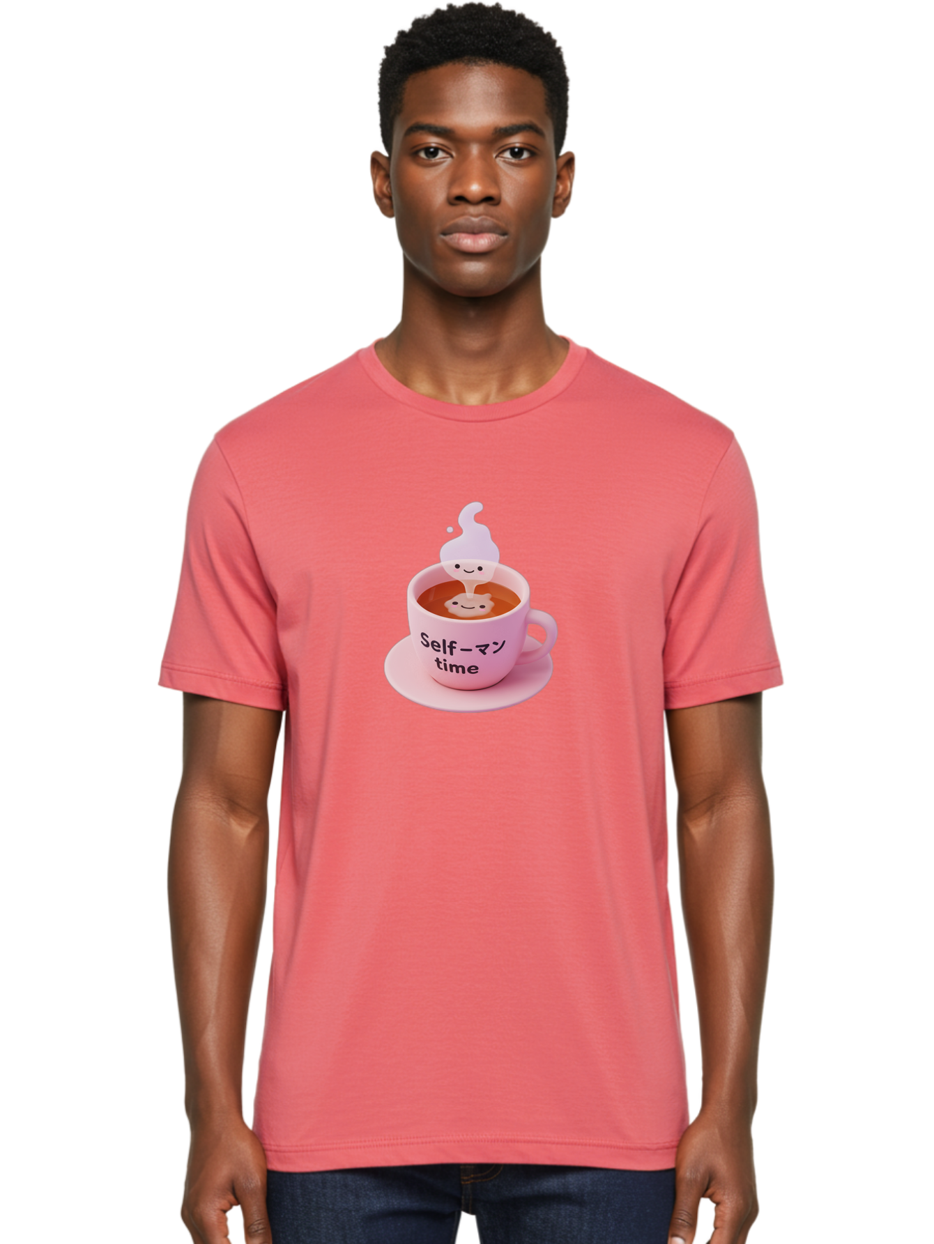 Self-Time Men'S Graphic Tee, 100% Cotton, Comfortable Casual Summer Wear, Machine Washable, Pink Tea Cup, Saucer, Self Care, Relaxation, Mental Wellness, Mindfulness, Cute Figurine, Kawaii, Smiling Face, Tea Time, Serene Atmosphere, Bae088