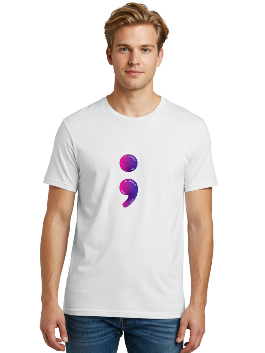Semicolon-2 Men'S Graphic Tee, 100% Cotton, Comfortable Casual Summer Wear, Machine Washable, Colon And Semicolon Symbol, Punctuation Marks, Shiny Effect, Purple Gradient, Digital Illustration, Creative Typography, Syntax Elements Bae090