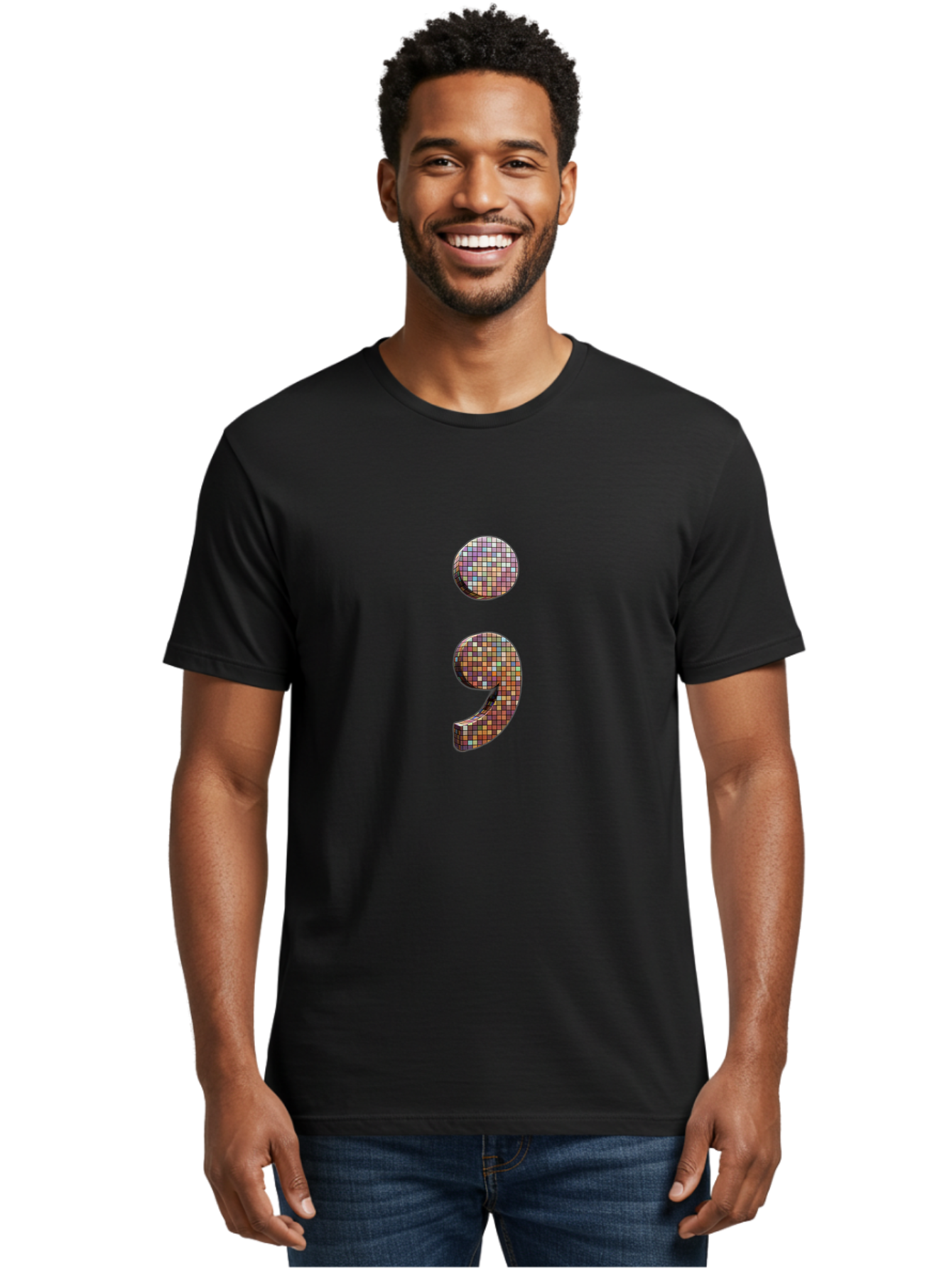 Semicolon-9 Men'S Graphic Tee, 100% Cotton, Comfortable Casual Summer Wear, Machine Washable, Multicolored Mosaic Punctuation Mark, Mirrored Design, Comma, Number 9, Vibrant Colors, Colorful Tiles, Symmetrical Composition, Bae094