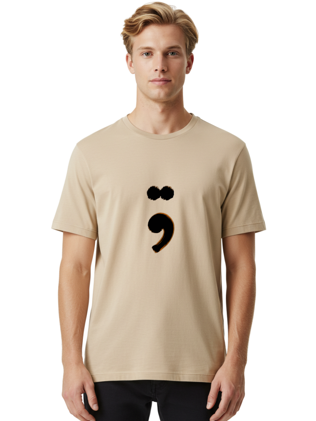 Semicolon-Eyes Men'S Graphic Tee, 100% Cotton, Comfortable Casual Summer Wear, Machine Washable, Semicolon Symbol, Punctuation Mark, Grammatical Sign, Typography, Black Semicolon, Emotional Symbol, Mental Health Awareness Bae095