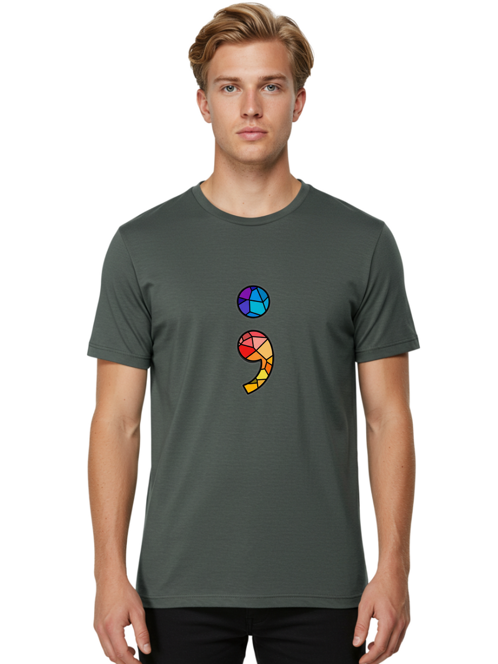 Semicolon-Project-Logo Men'S Graphic Tee, 100% Cotton, Comfortable Casual Summer Wear, Machine Washable, Colorful Mosaic, Stained Glass Effect, Comma Punctuation Mark, Vibrant Colors, Abstract Design, Creative Typography, Mosaic Art Bae096