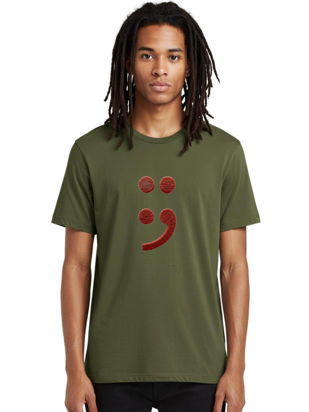 Semicolon-Smiley Men'S Graphic Tee, 100% Cotton, Comfortable Casual Summer Wear, Machine Washable, Semicolon Project Symbol, Mental Health Awareness Emoji, Red Textured Punctuation, Creative Typography, Emotional Expression, Quirky Design, Bae097