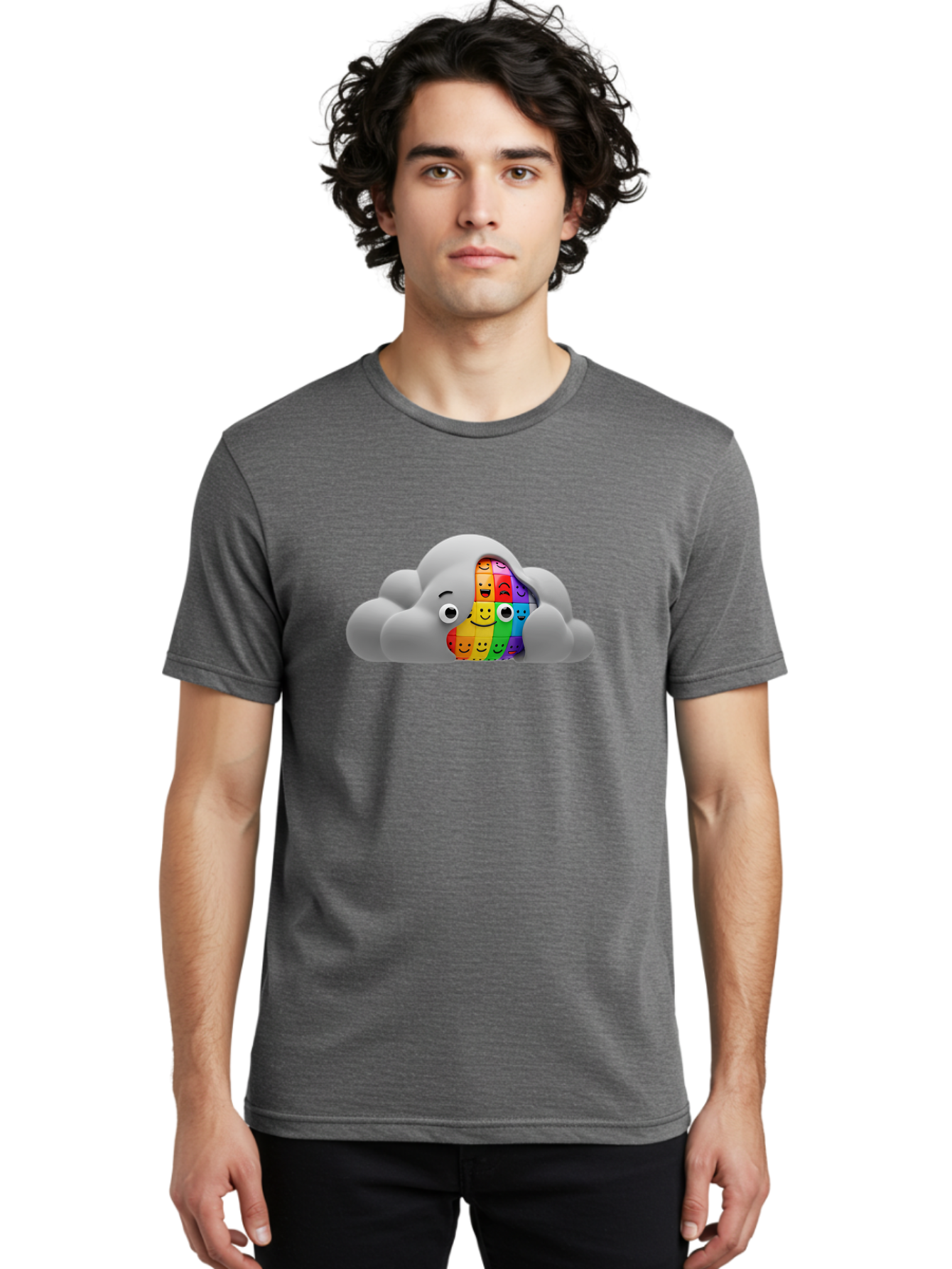 Smiley-Cloud Men'S Graphic Tee, 100% Cotton, Comfortable Casual Summer Wear, Machine Washable, Cartoon Cloud, Emoticon Grid, Diverse Emotions, Emotional Expression, Facial Expressions, Colorful, Emoticons, Rainbow Colors, Mental Health, Bae099