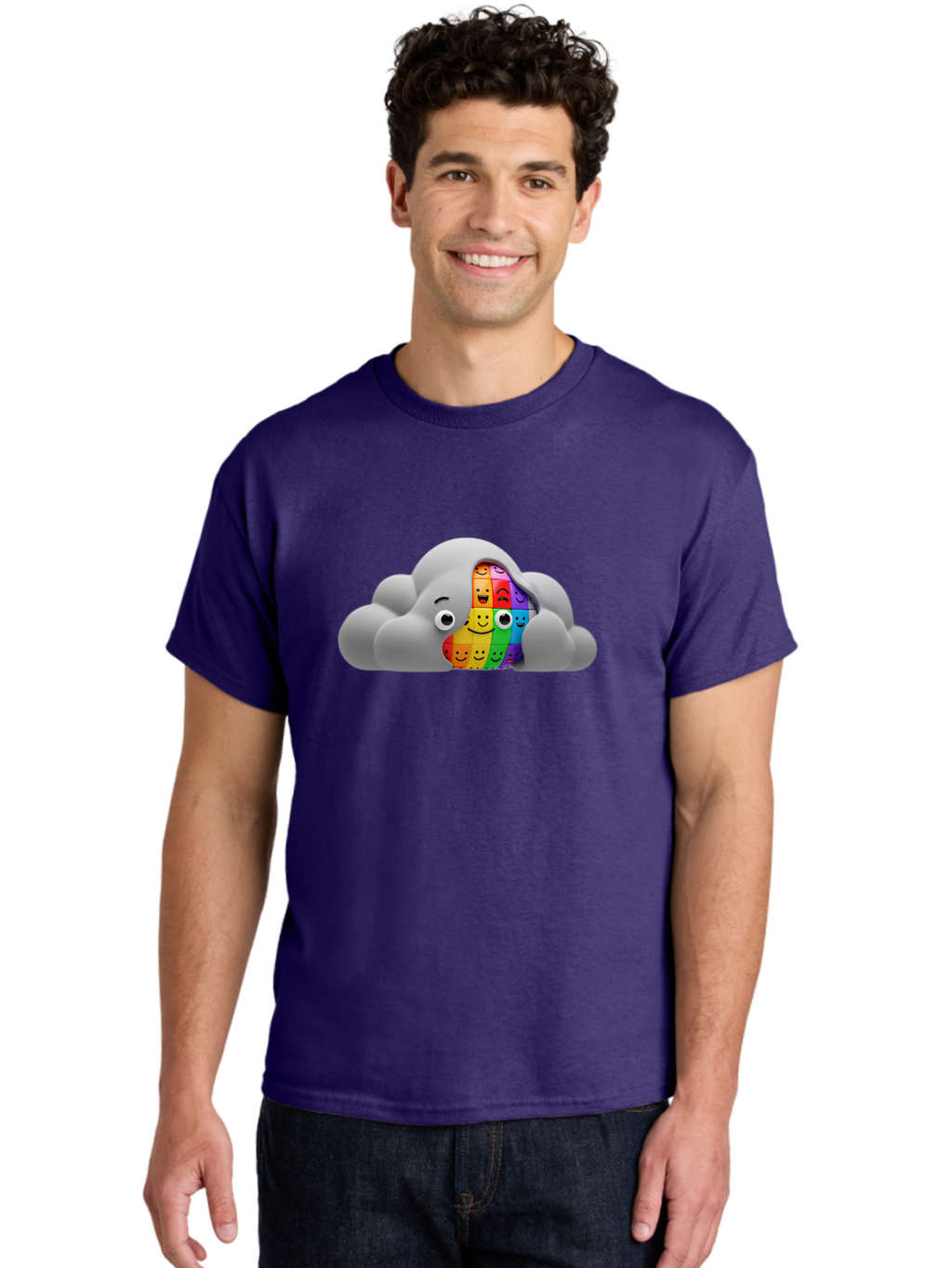 Smiley-Cloud Men'S Graphic Tee, 100% Cotton, Comfortable Casual Summer Wear, Machine Washable, Cartoon Cloud, Emoticon Grid, Diverse Emotions, Emotional Expression, Facial Expressions, Colorful, Emoticons, Rainbow Colors, Mental Health, Bae099