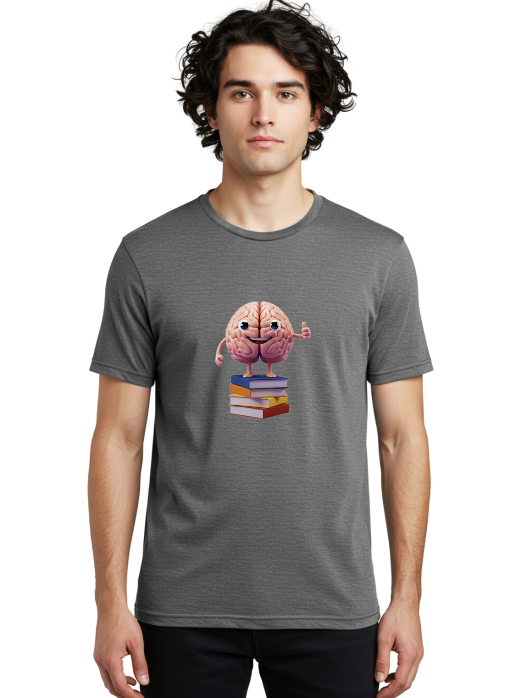 Smiling-Brain-1 Men'S Graphic Tee, 100% Cotton, Comfortable Casual Summer Wear, Machine Washable, Cartoon Brain, Human Brain, Smiling Face, Thumbs Up, Books, Learning, Education, Knowledge, Intelligence, Cognitive Function Bae100