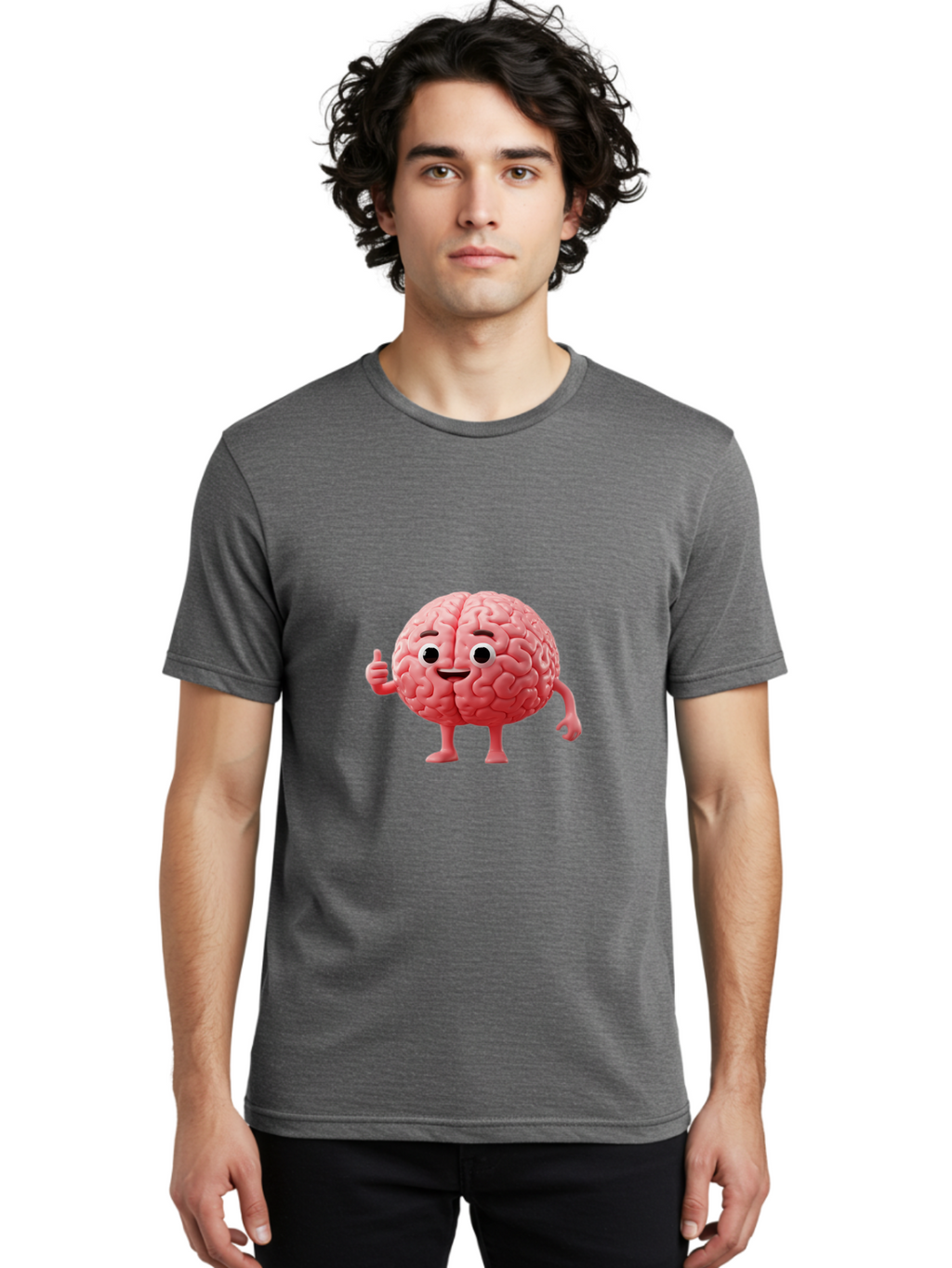 Smiling-Brain Men'S Graphic Tee, 100% Cotton, Comfortable Casual Summer Wear, Machine Washable, Cartoon Brain Character, Human Brain, Funny Illustration, Brain With Face, Thumbs Up Gesture, Smiling Brain, Cognitive Humor, Human Anatomy, Bae101