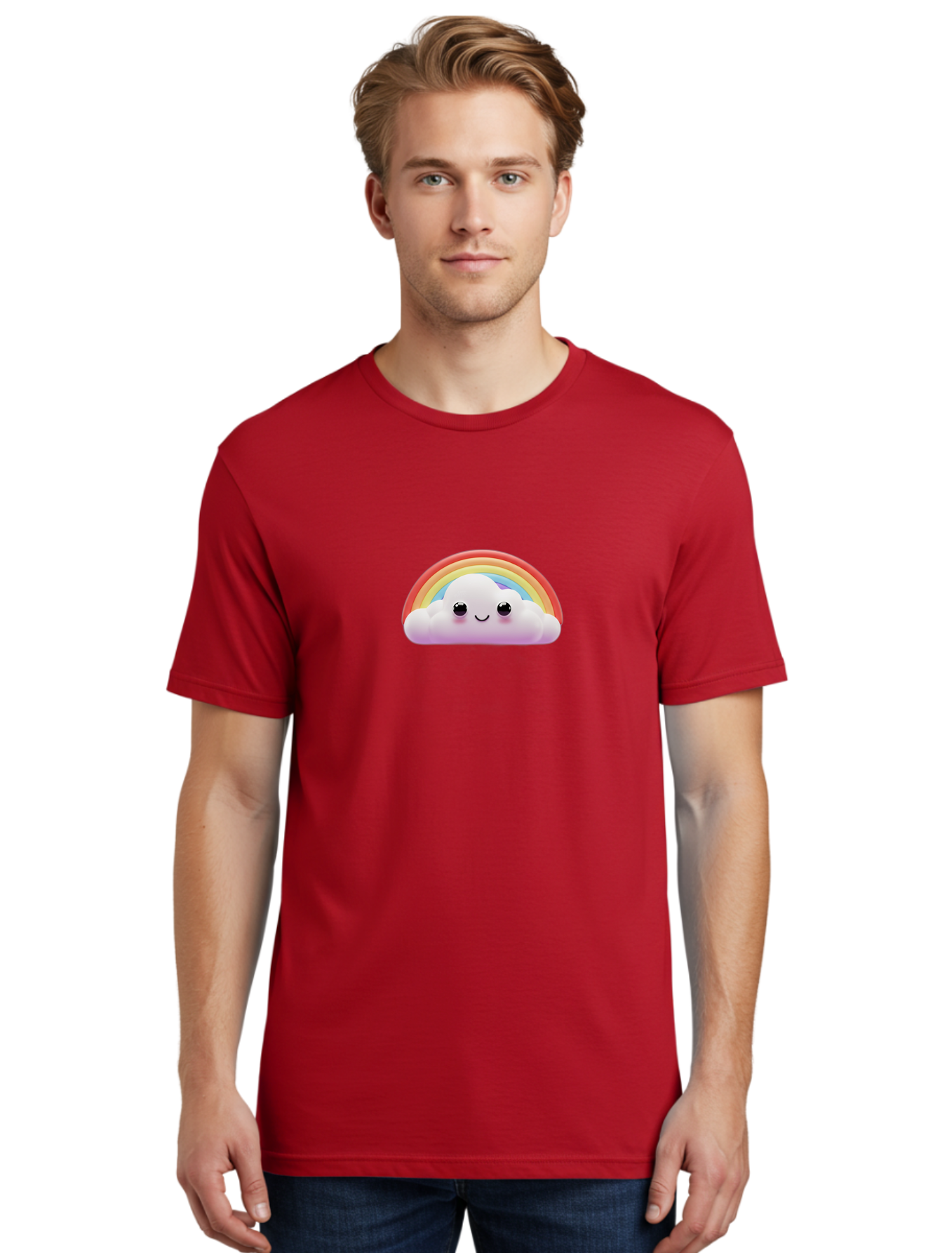 Smiling-Cloud-Rainbow Men'S Graphic Tee, 100% Cotton, Comfortable Casual Summer Wear, Machine Washable, Happy Cloud, Rainbow Colors, Vibrant Illustration, Cute Character, Cartoon Style, Smiling Face, Colorful Graphics, Joyful Atmosphere, Bae102