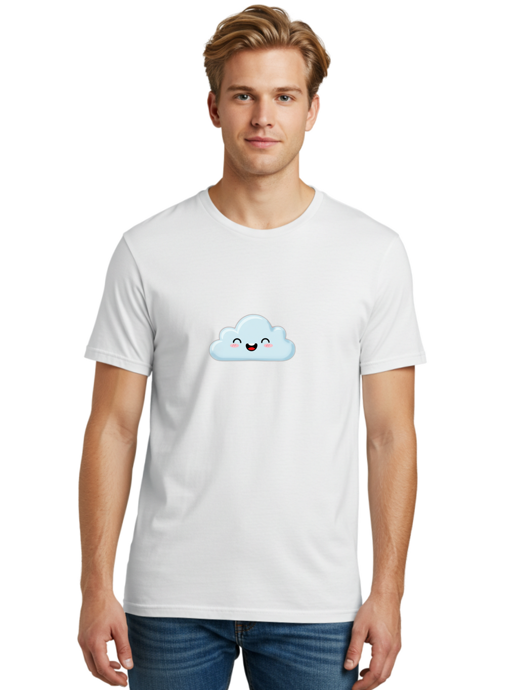 Smiling-Cloud Men'S Graphic Tee, 100% Cotton, Comfortable Casual Summer Wear, Machine Washable, Cute Cloud, Cartoon Cloud, Smiling Face, Happy Emotions, Rosy Cheeks, Cheerful Expression, Whimsical Character, Digital Illustration, Kawaii Cloud Bae103